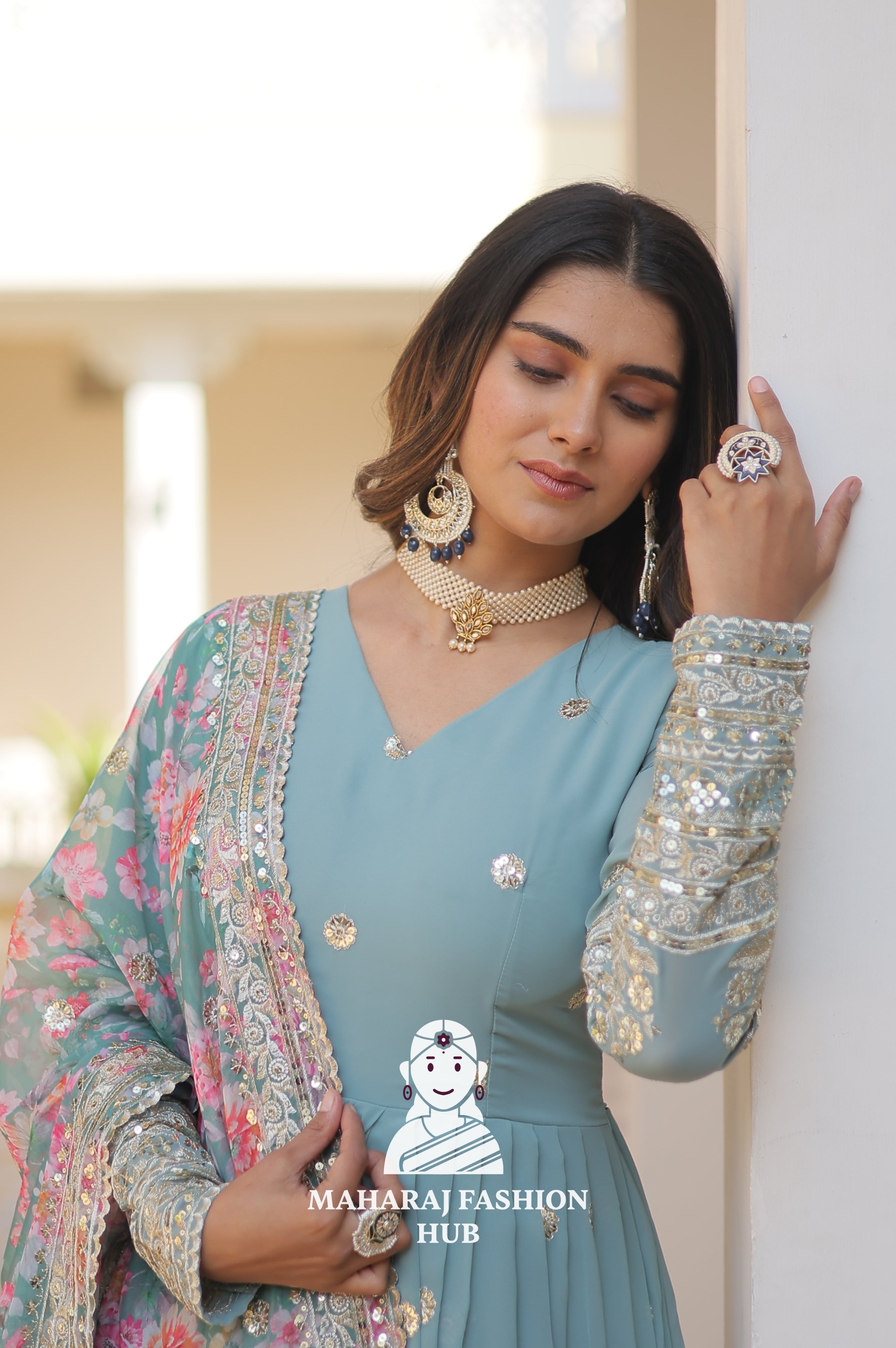 V Neck Faux Georgette Gown with Full Sleeves and Embroidered Silk Dupatta