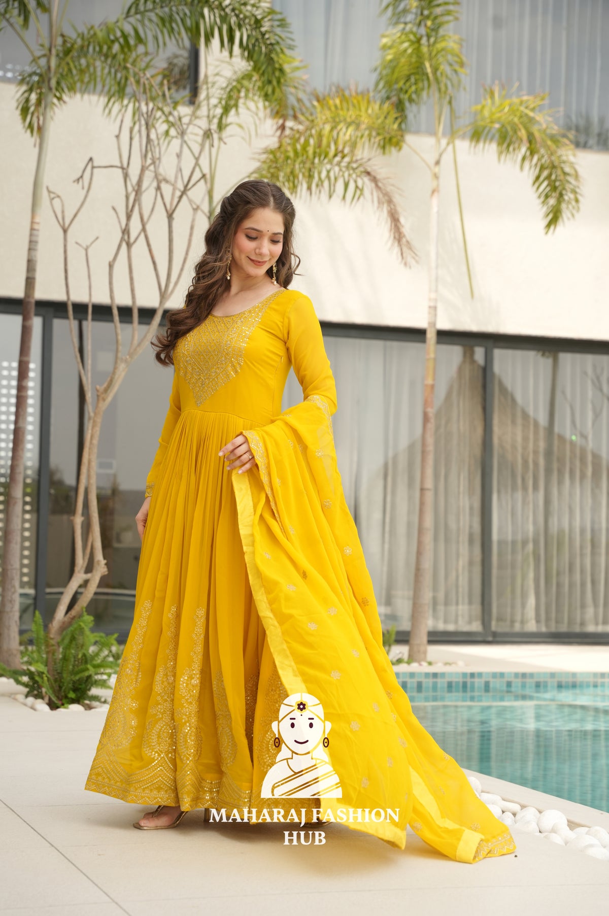 💫 Elegant Round Neck Gown in Faux Blooming Fabric - Special Designer Gown