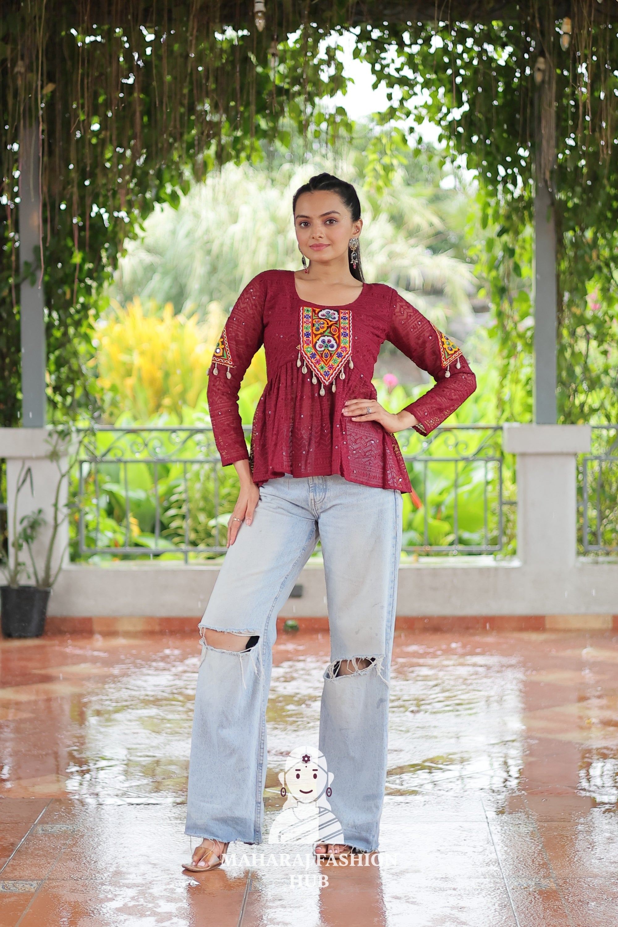 Festive Georgette Schiffli Kutchi Work Peplum Top for Navratri ✨👗