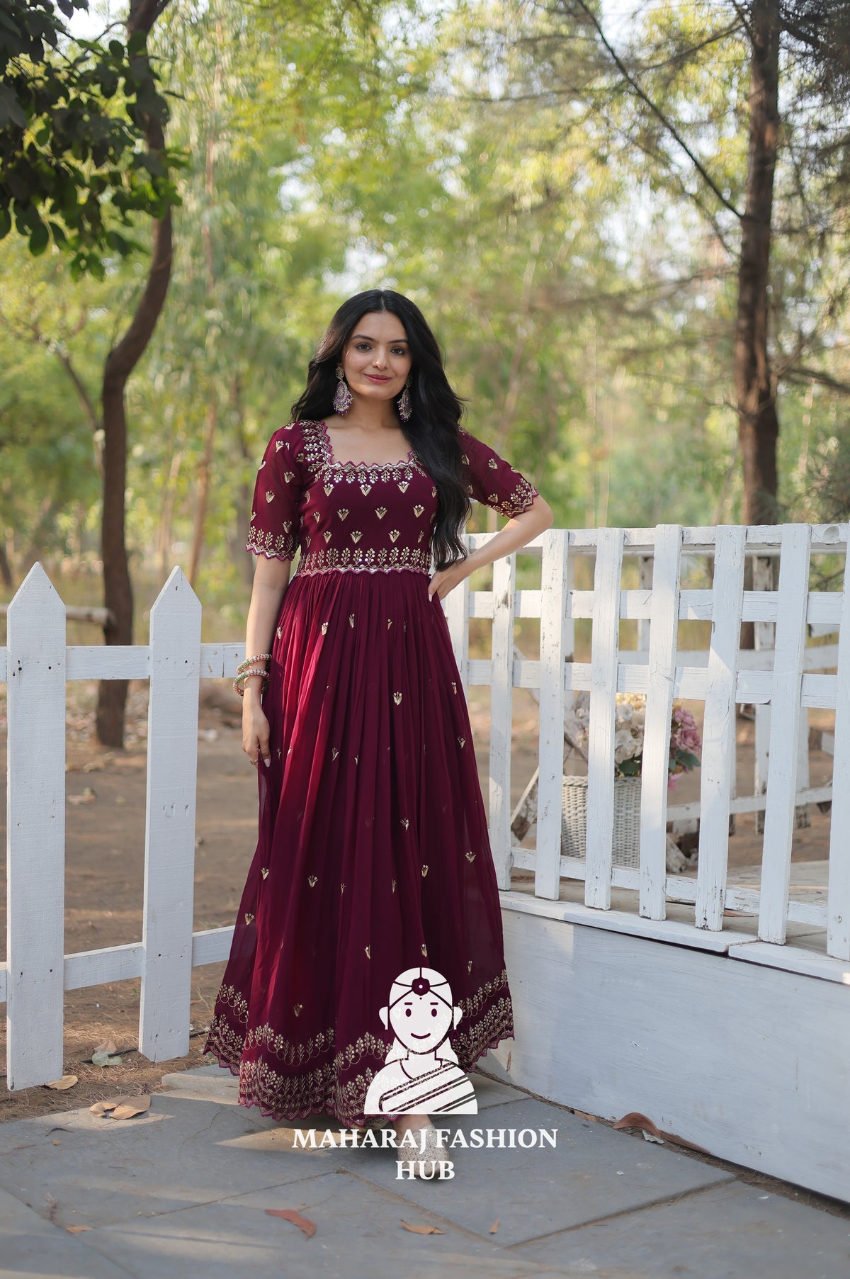 Elegant Faux Blooming Fabric Gown with Cut Work Sleeves