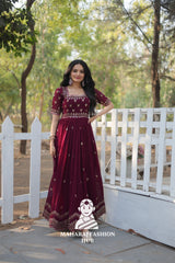 Elegant Faux Blooming Fabric Gown with Cut Work Sleeves