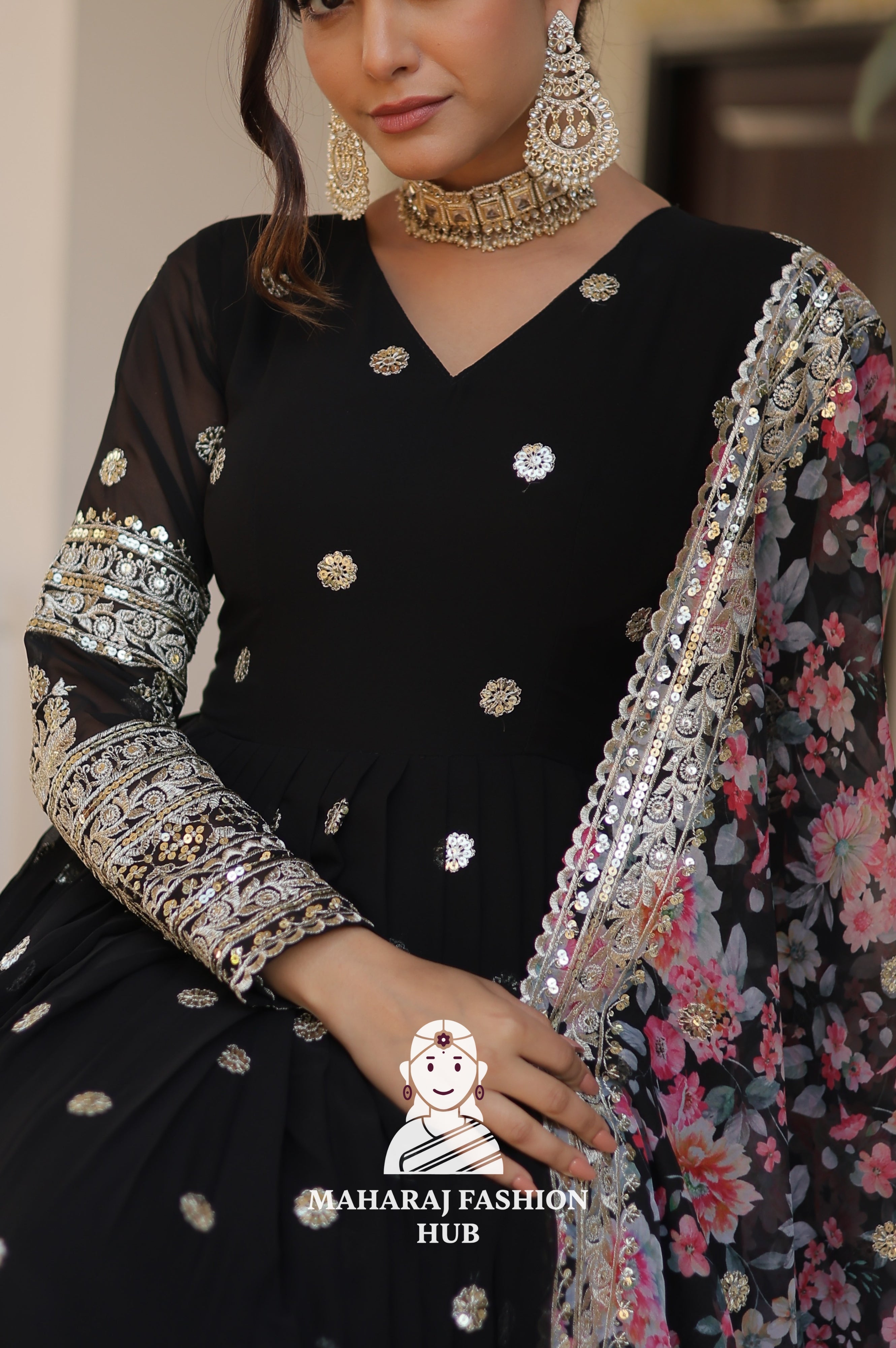 Partywear Faux Georgette Gown with Tabby Silk Cutwork Dupatta