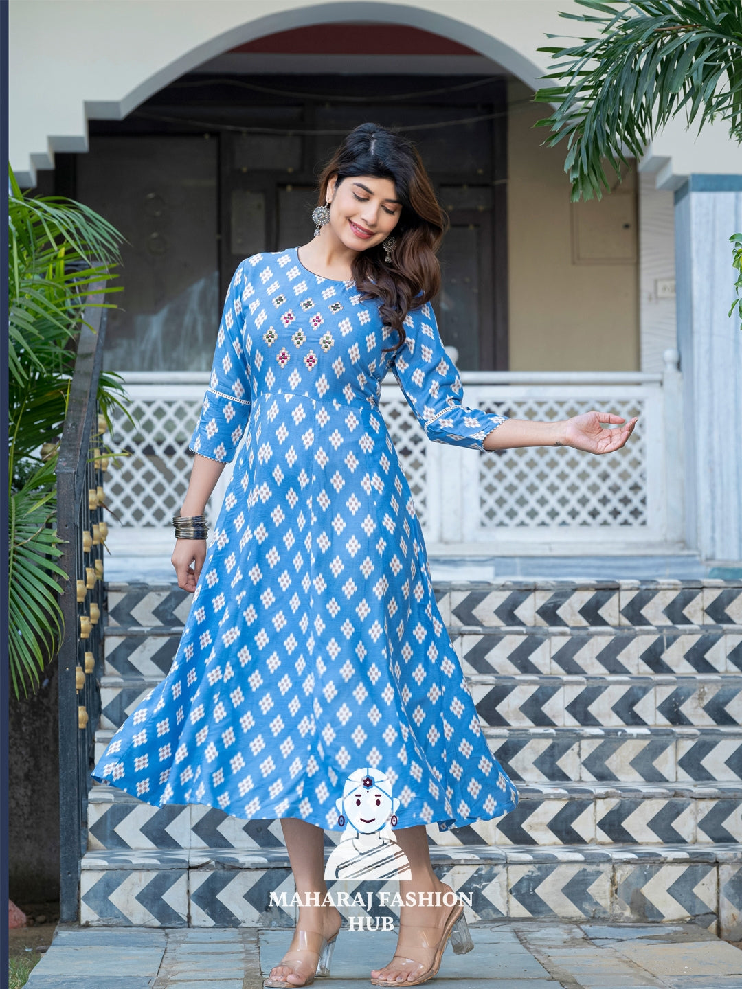 🌤️ Soft Rayon Sky Blue Kurta – Printed & Embroidered