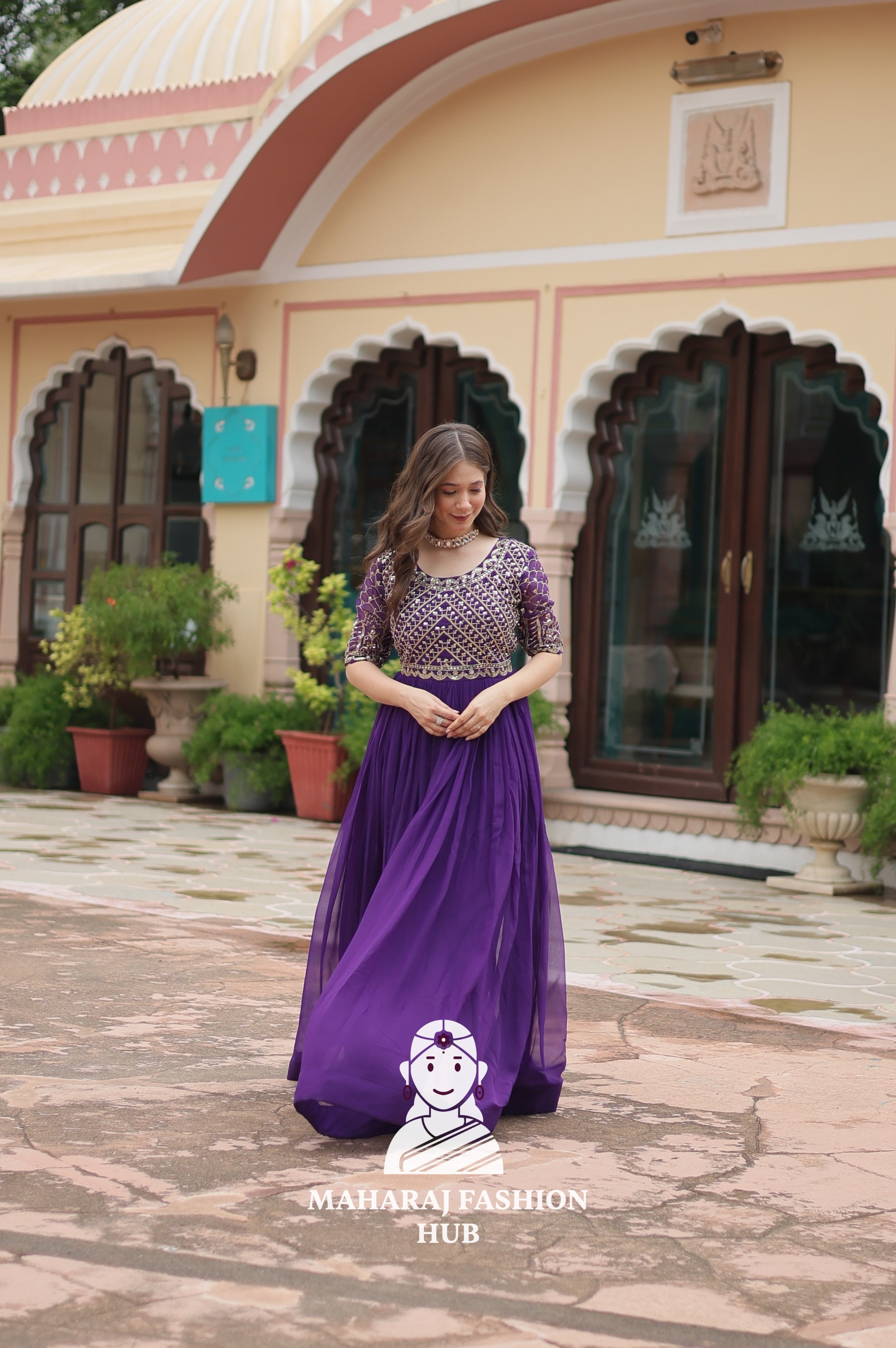 Designer Faux Blooming Gown with Zari Sequins Detailing