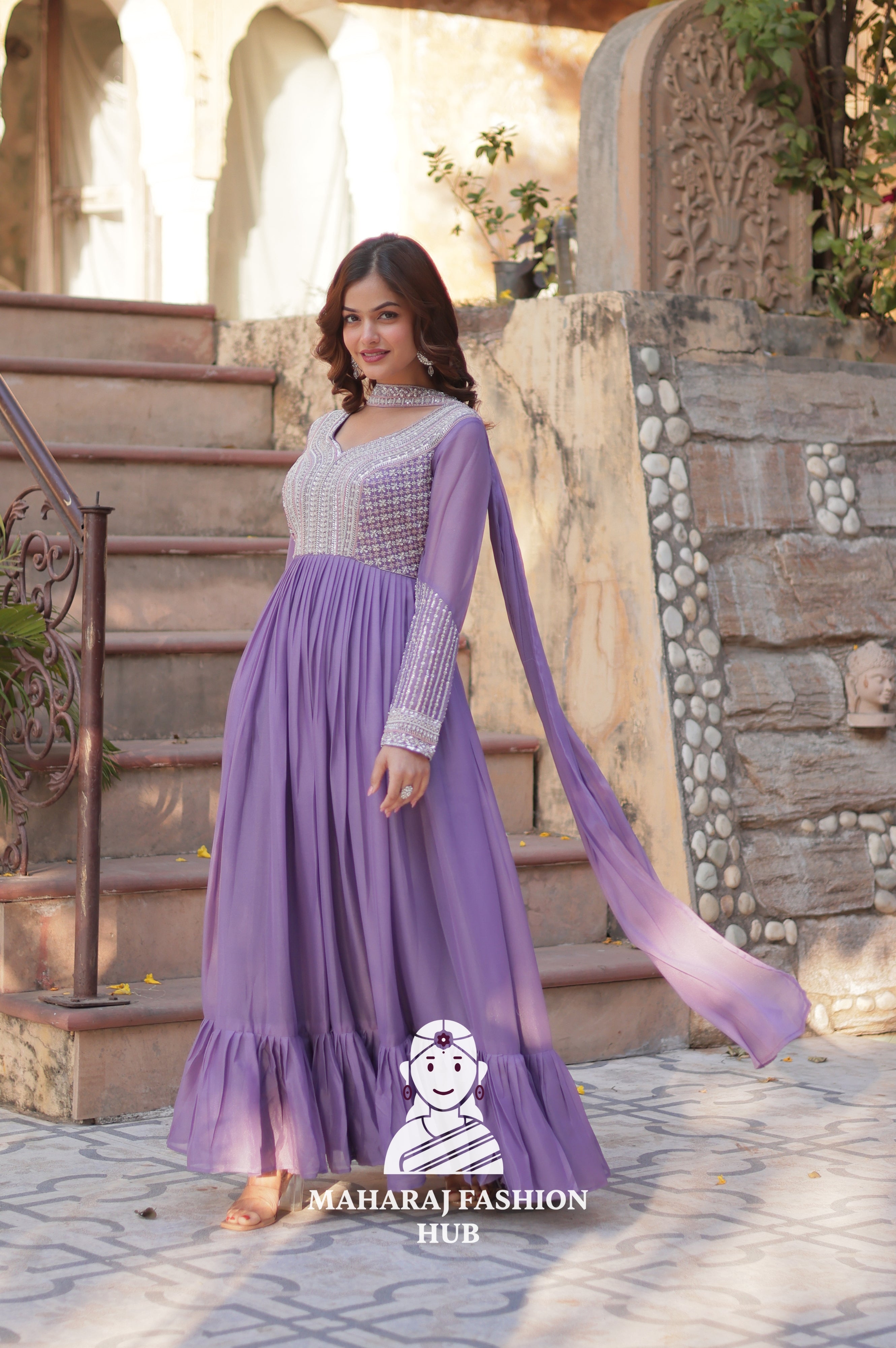 🧵 Star Georgette Gown with Heavy Work & 5 M Flair Grandeur - Special Designer Gown