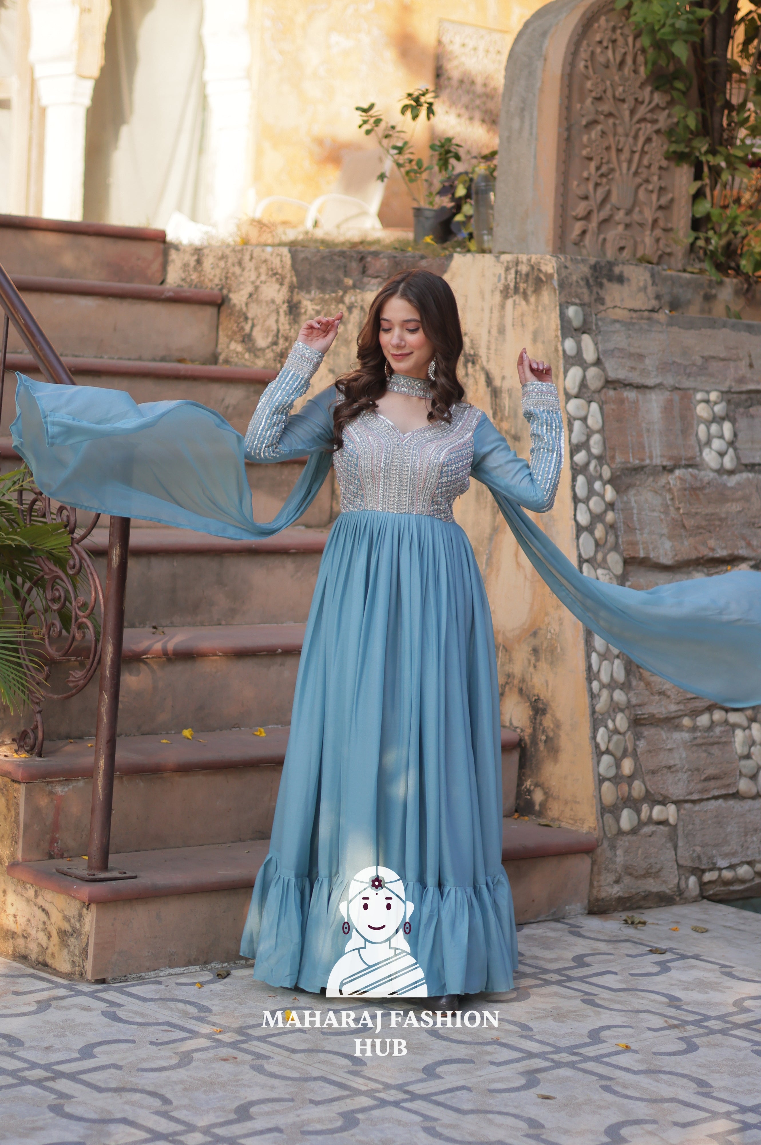 💫 Designer Gown in Star Georgette with Pan Neck & Full Embroidery - Special Designer Gown