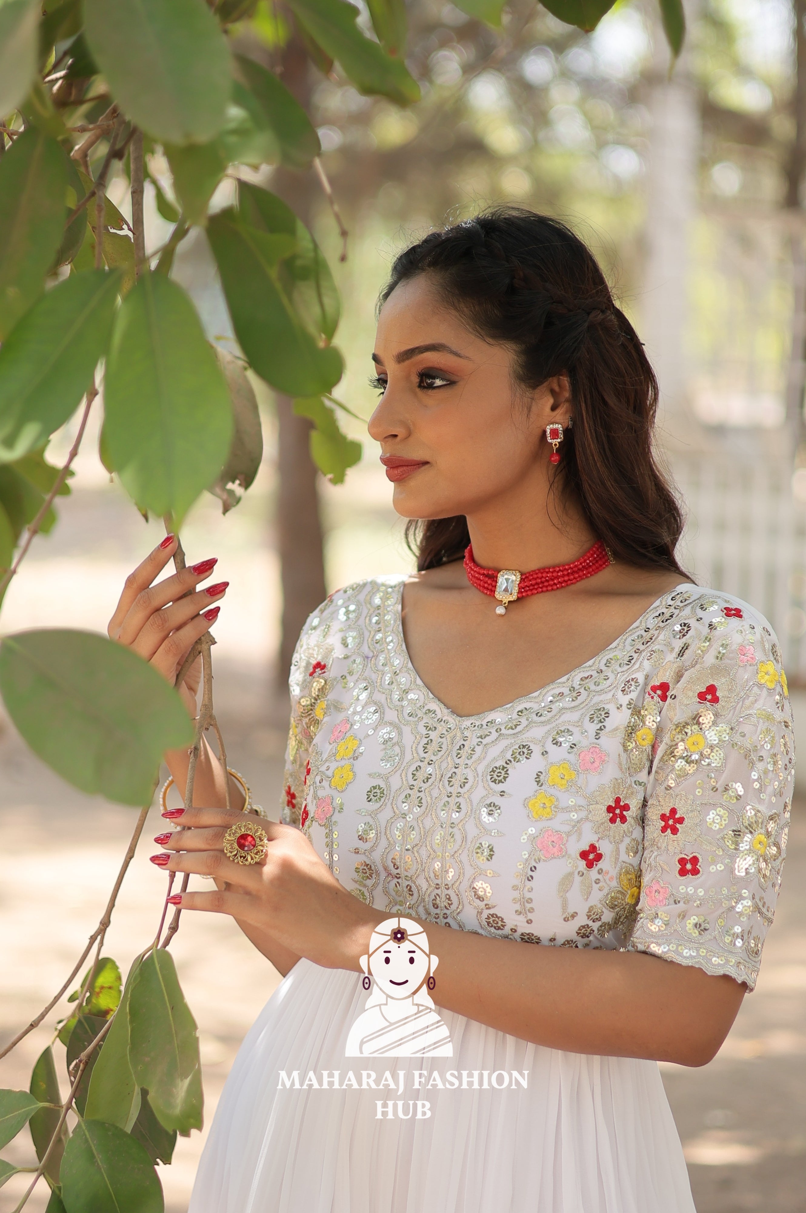 Elegant Embroidered Fabric Gown with Modern V Neckline
