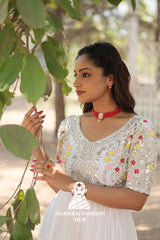 Elegant Embroidered Fabric Gown with Modern V Neckline