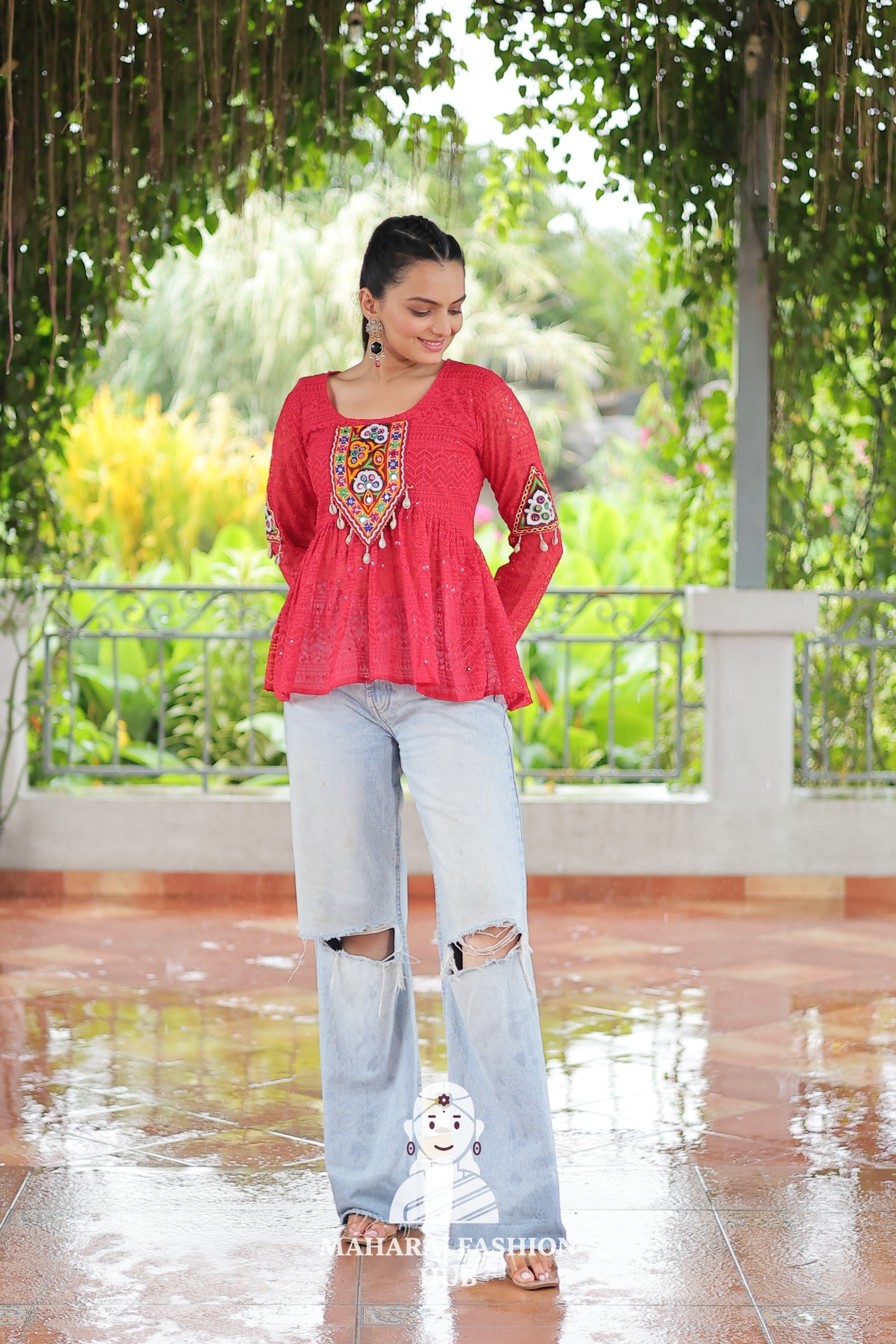 Premium Georgette Peplum Top with Kutchi Patch Schiffli Work 🎨🪔