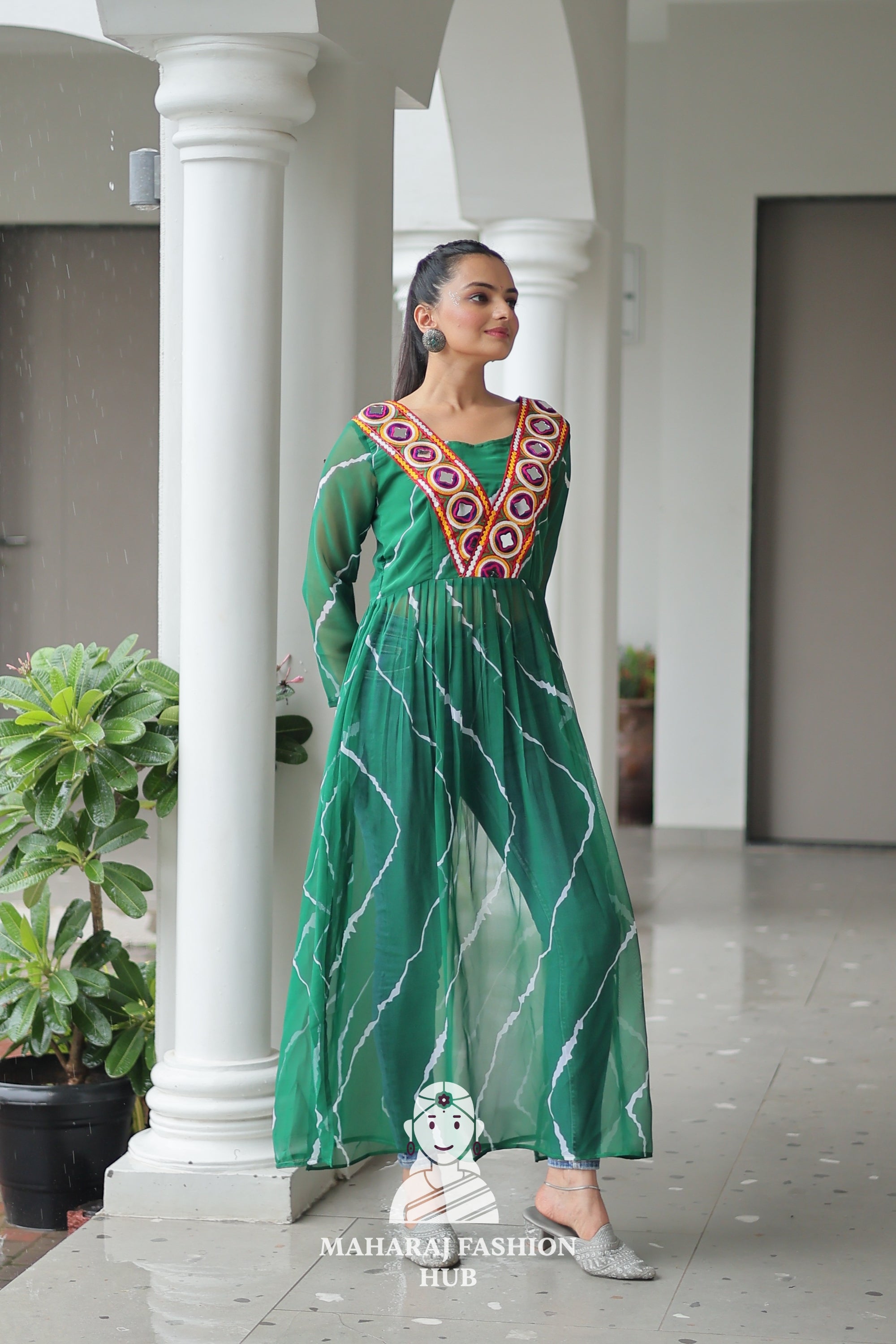 Traditional Faux Georgette Leheriya Patchwork Festive Navratri Kurti 💫🪔