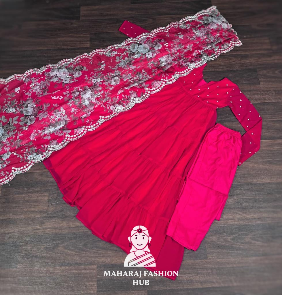 🪷 Floral Printed Organza Dupatta with Frill Gown & Micro Cotton Bottom