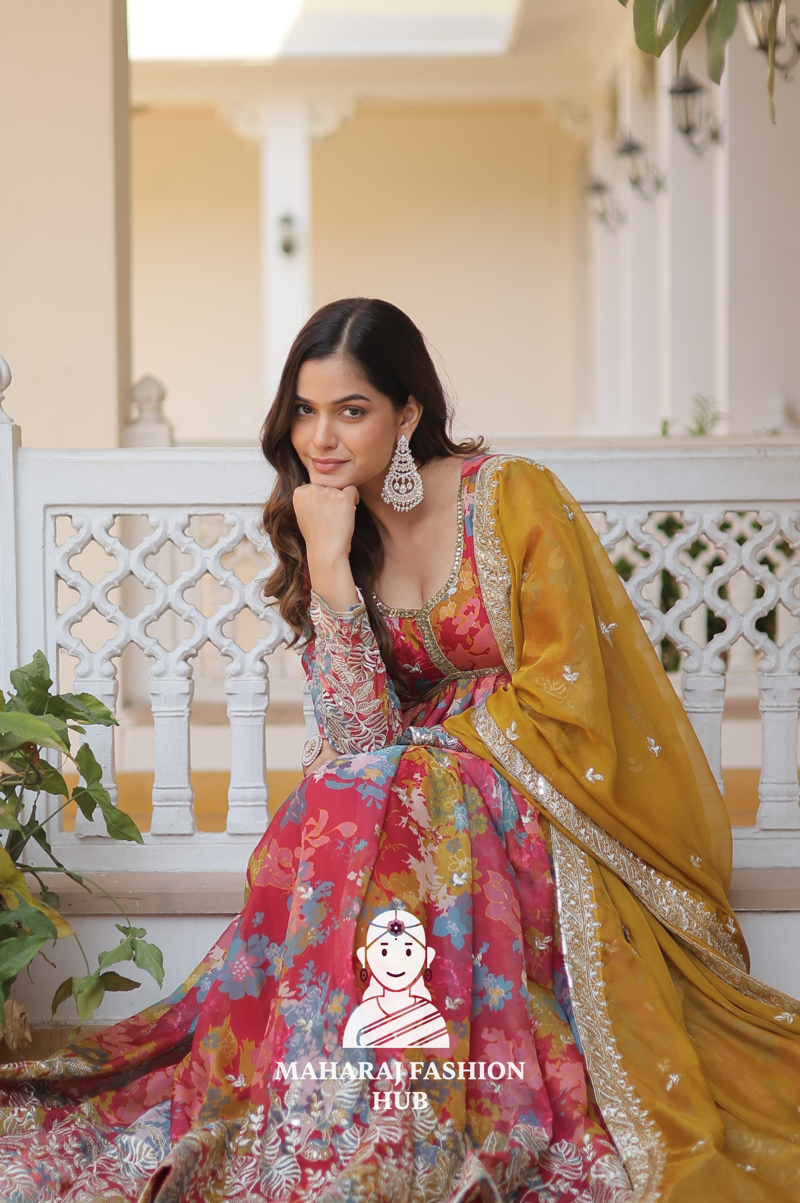 Digital Printed Russian Silk Gown with Zari & Sequins Embroidery