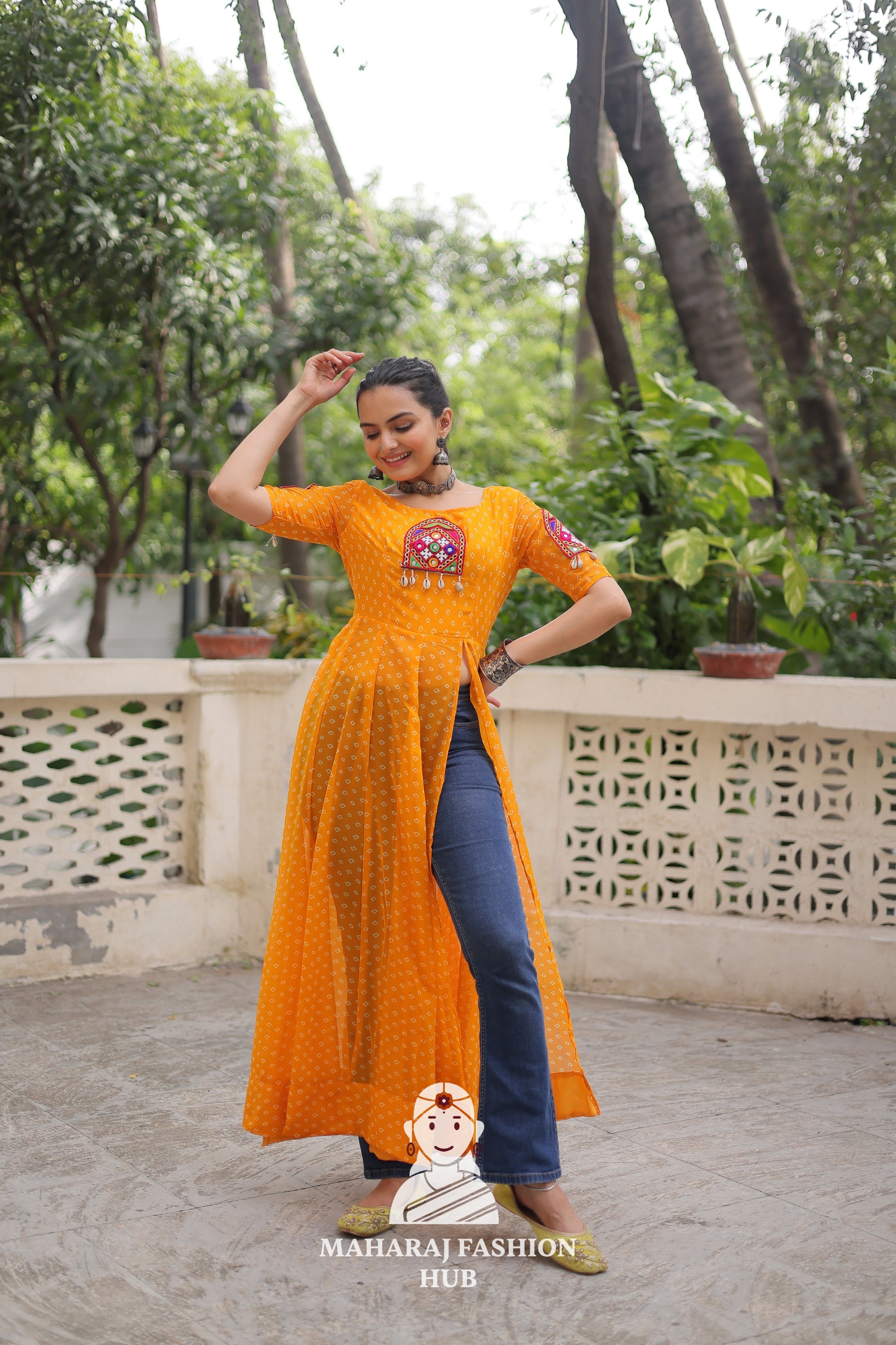 Premium Faux Georgette Bandhani Print Kutchi Patch Kurti Collection 💫🎶