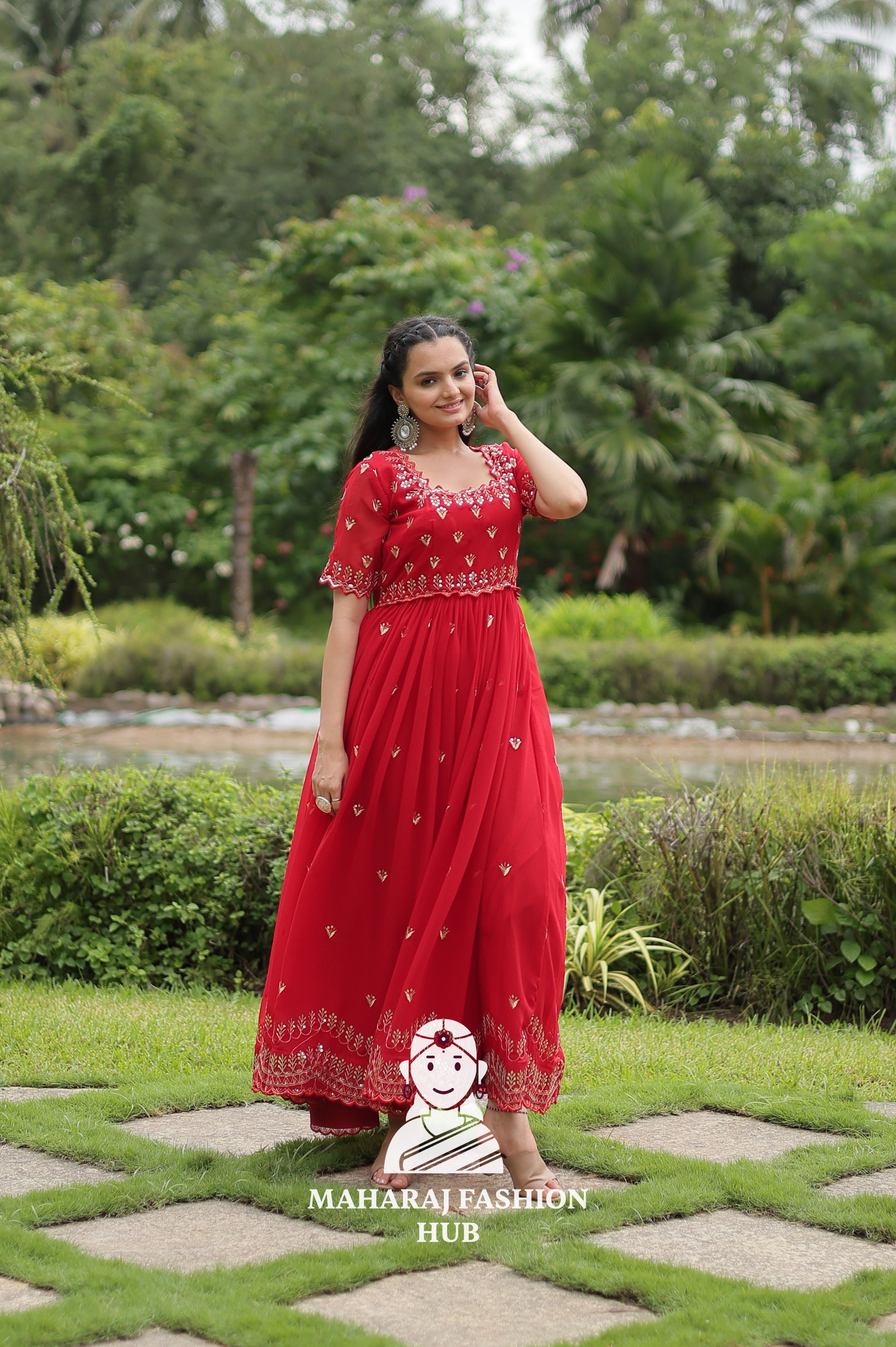 Sequins Embroidered Fabric Gown with Stylish Square Neck