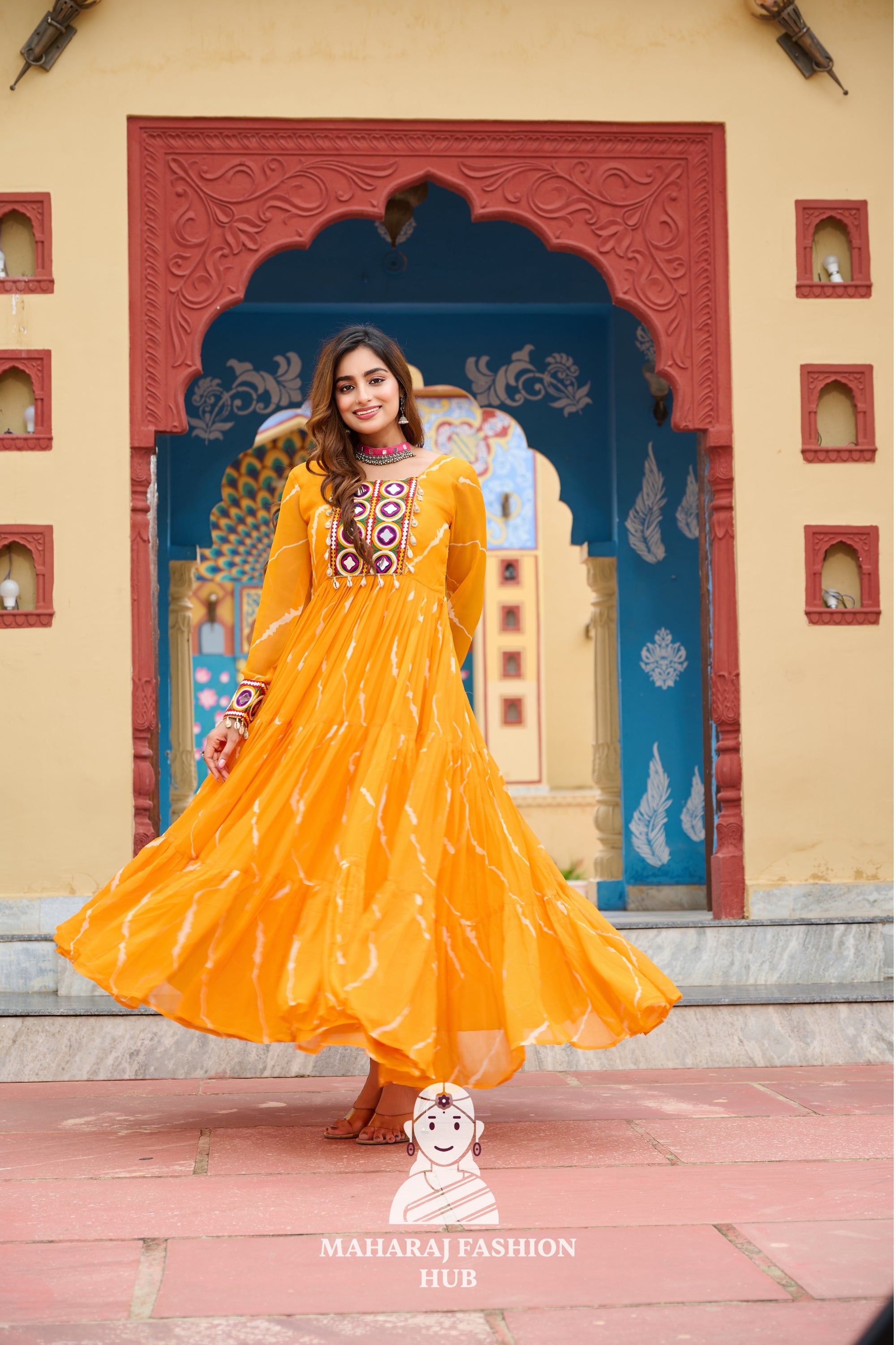 Premium Faux Georgette Laheriya Navratri Gown with Kutchi Embroidery 🌸🪔