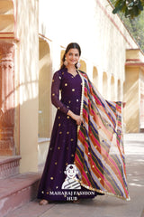 Full Sleeve Special Designer Gown with V Neck & Embroidered Russian Silk Dupatta