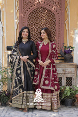 🪡 Zari Sequins Gown with Fancy Neck & Lace Border Dupatta - Special Designer Gown