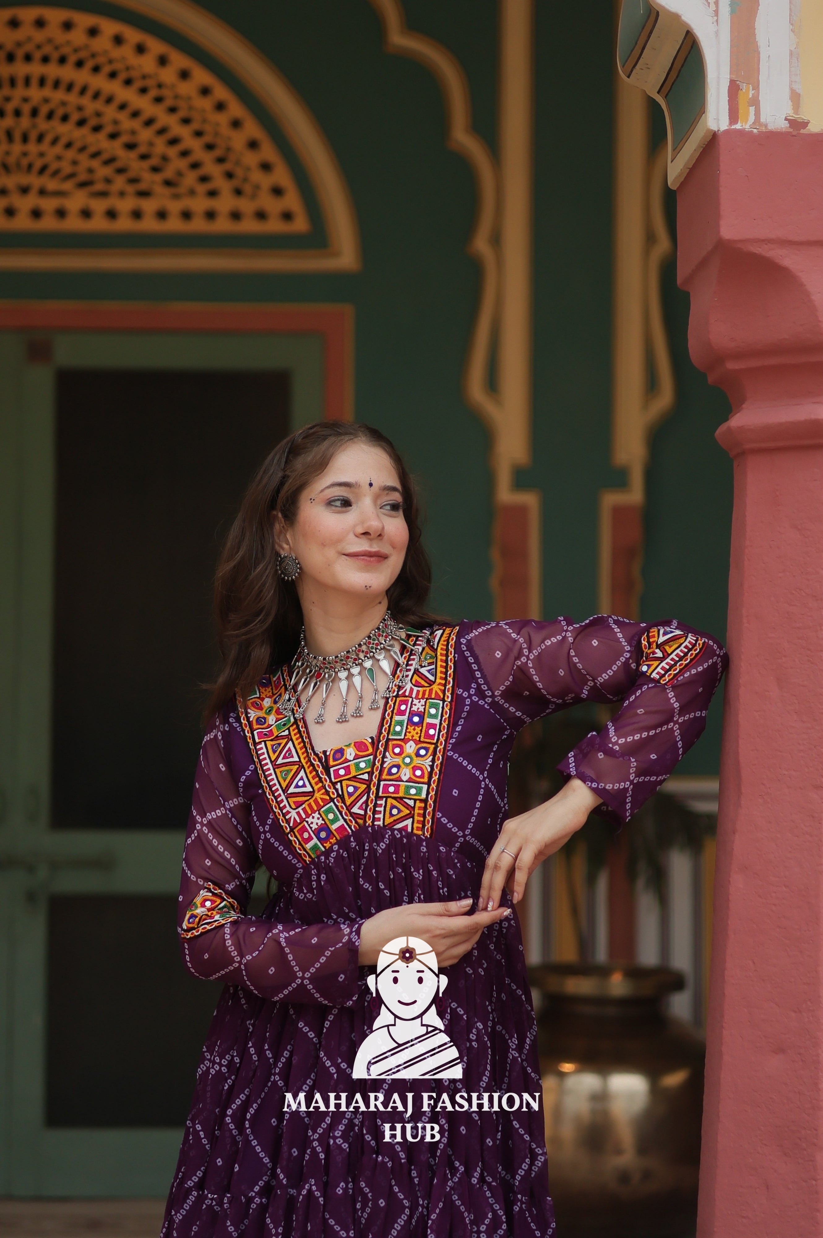 Faux Georgette Gown with Kutchi Patch and Bandhani Artistry