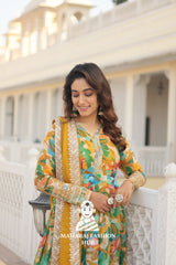 Embroidered Russian Silk Gown Set with Fancy V Neck - Special Designer Gown