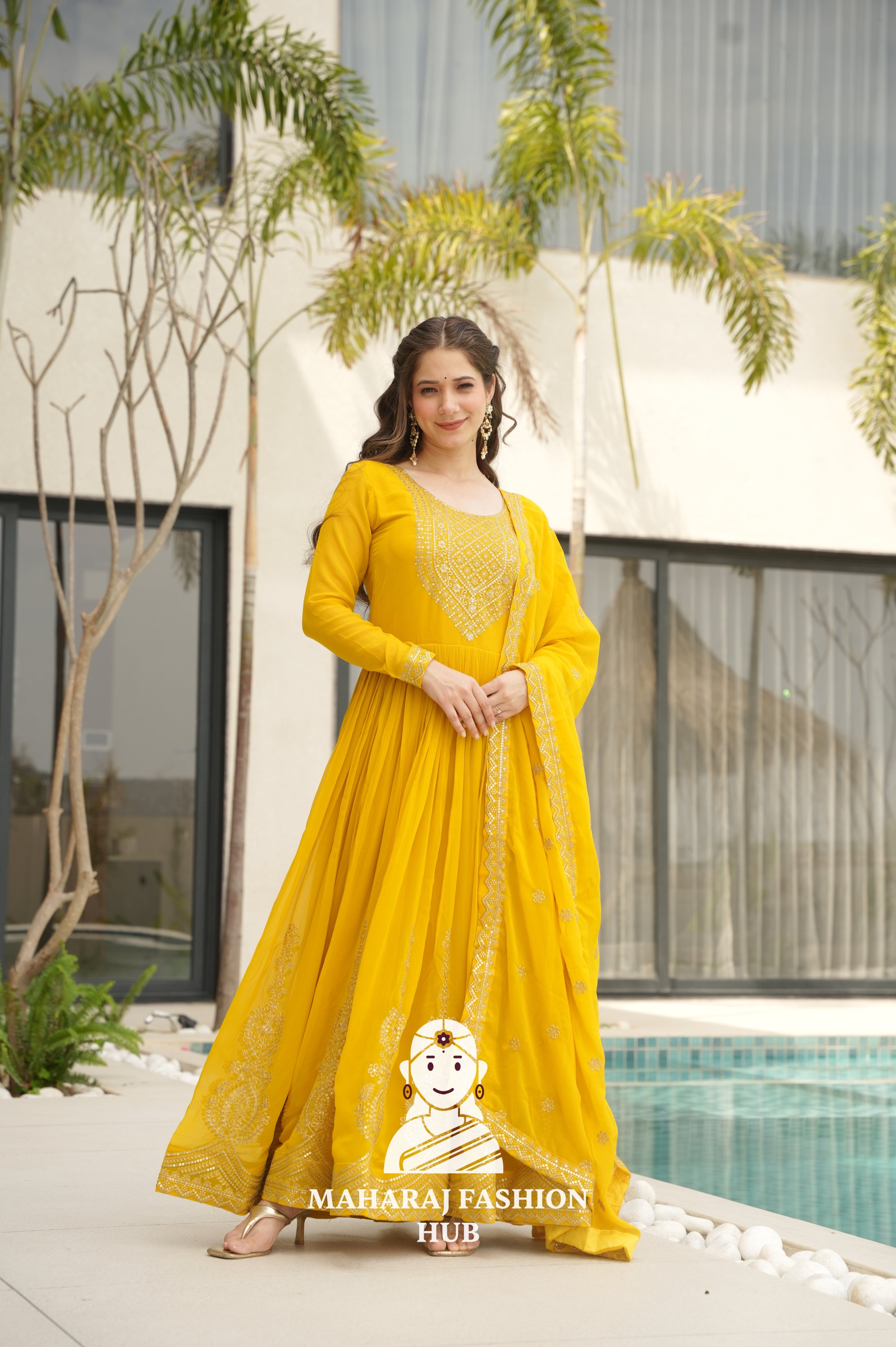 🌸 Classic Round Neck Ethnic Gown with Sequins Embroidery - Special Designer Gown