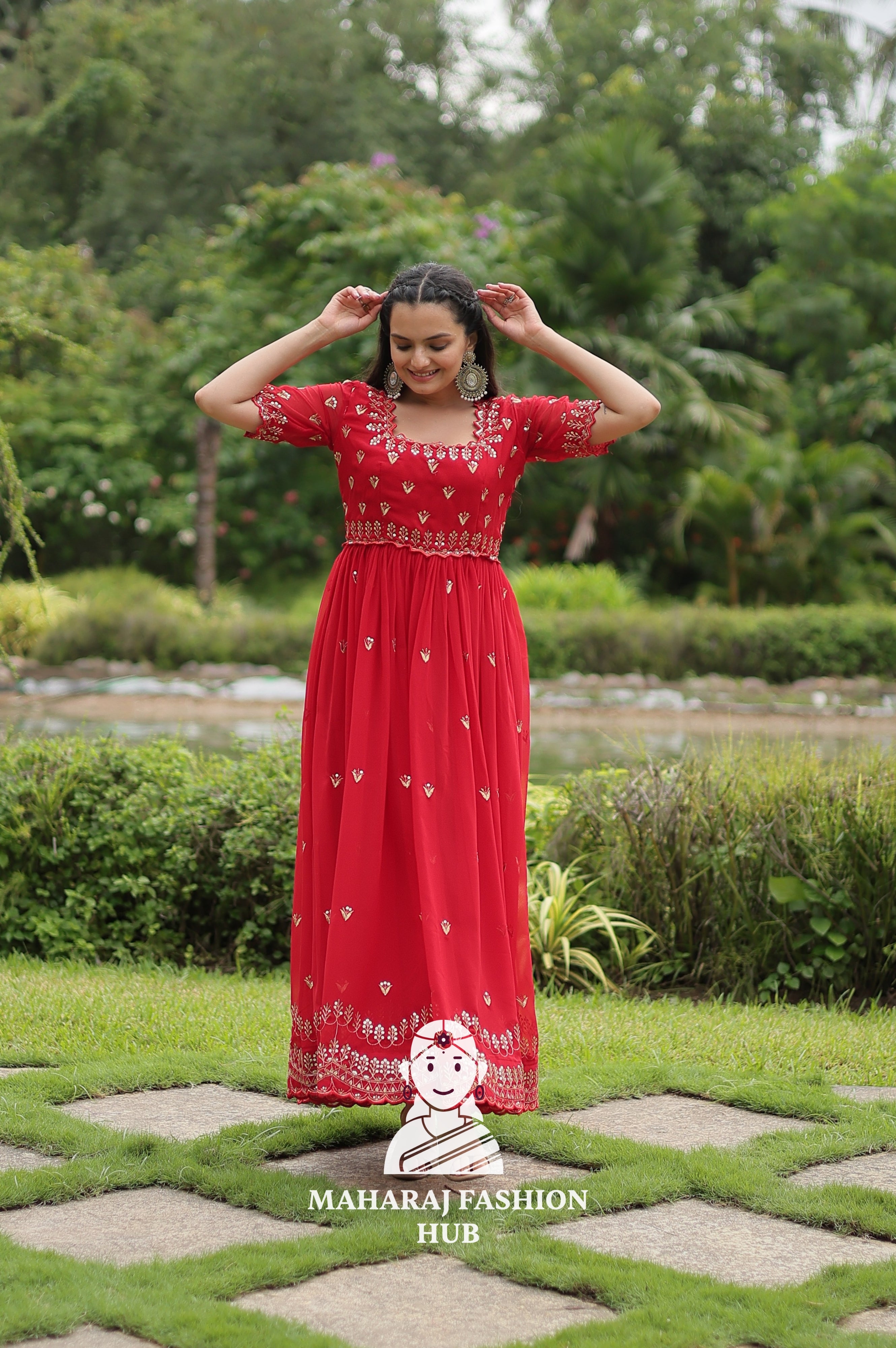 Sequins Embroidered Fabric Gown with Stylish Square Neck