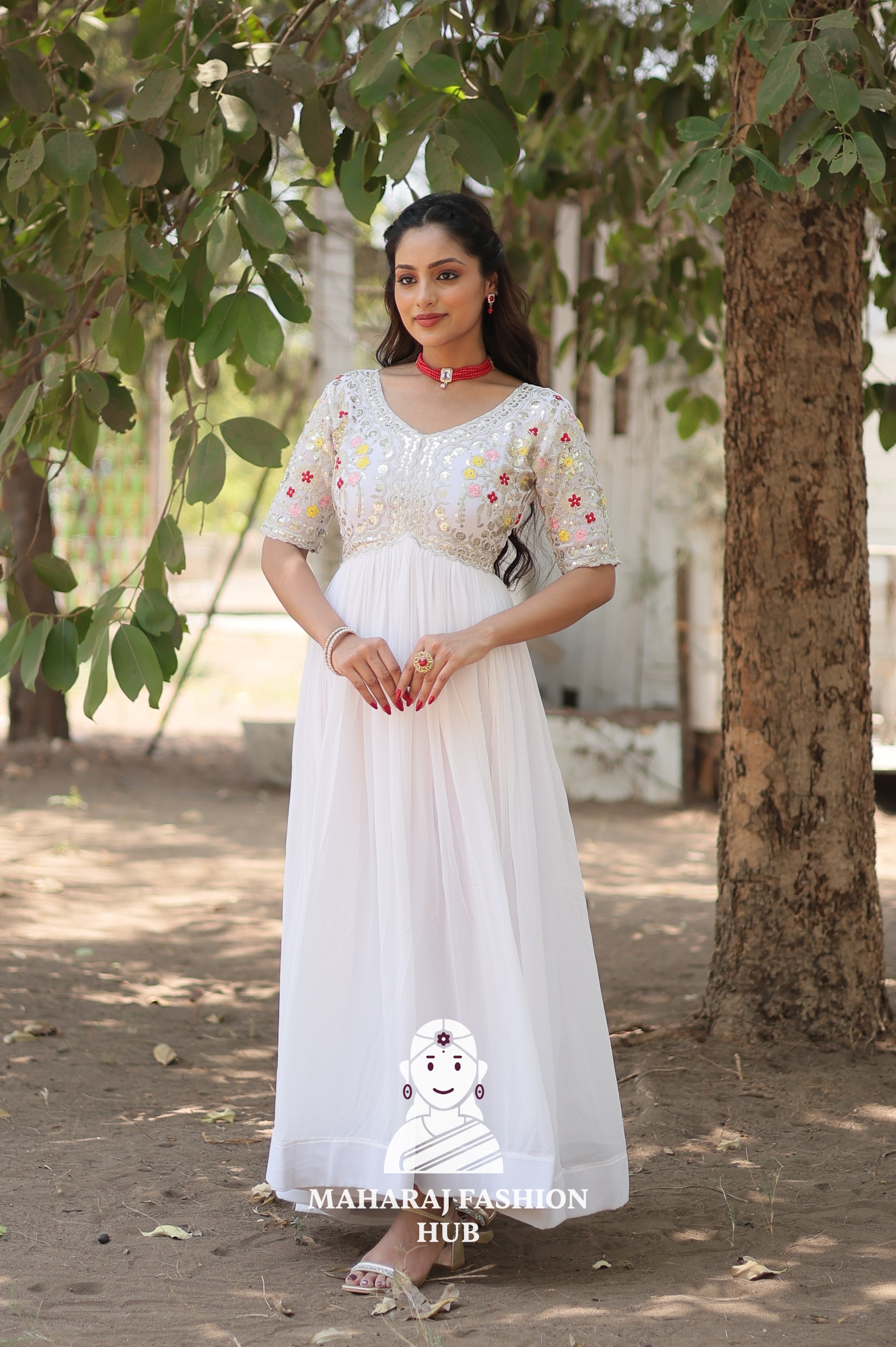 Elegant Embroidered Fabric Gown with Modern V Neckline