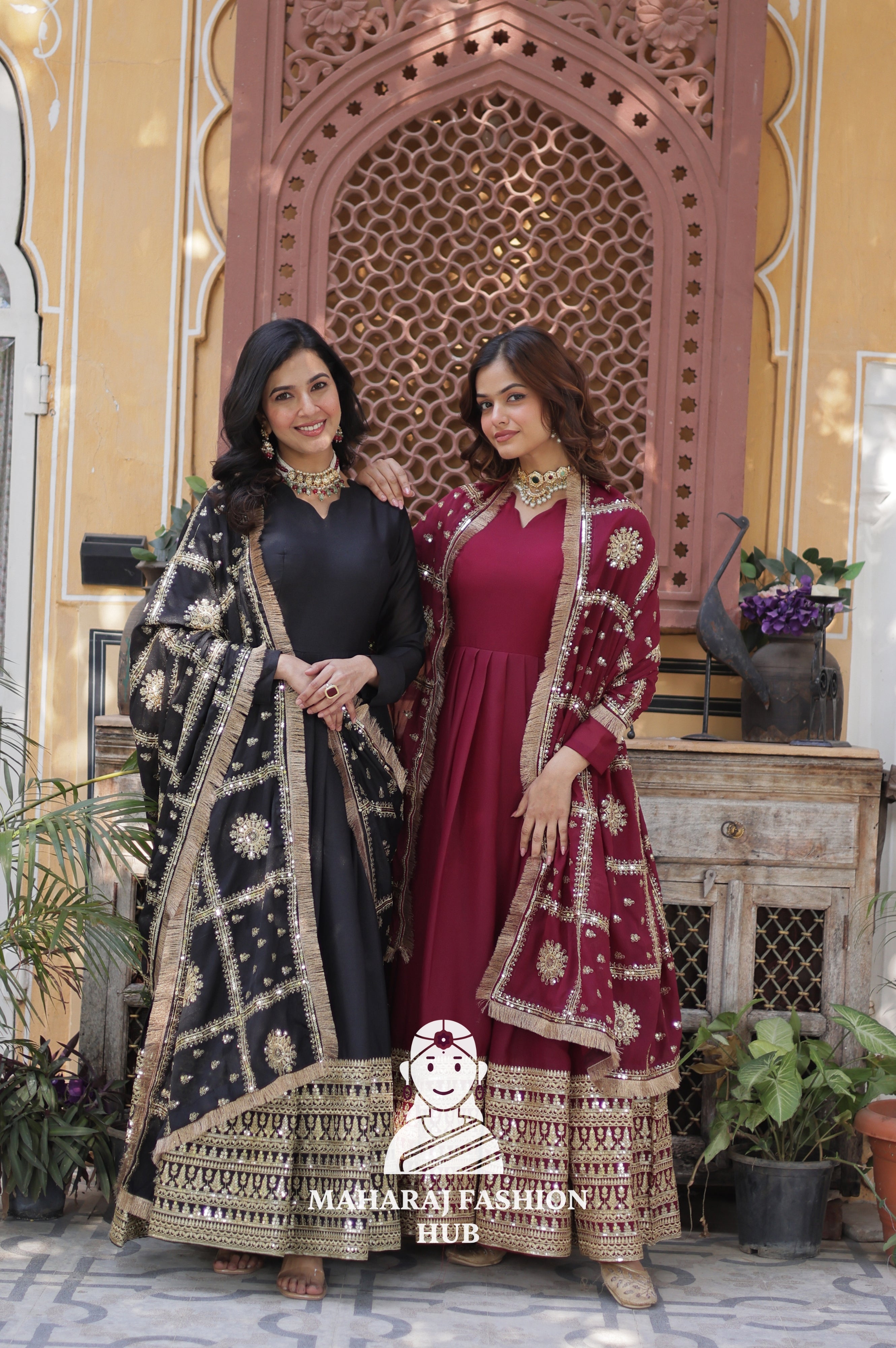 🪡 Zari Sequins Gown with Fancy Neck & Lace Border Dupatta - Special Designer Gown