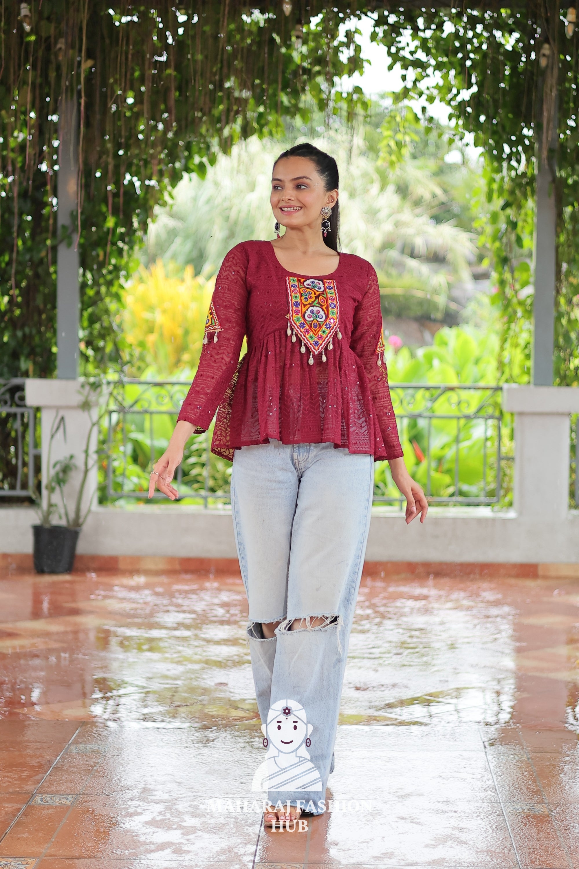 Festive Georgette Schiffli Kutchi Work Peplum Top for Navratri ✨👗