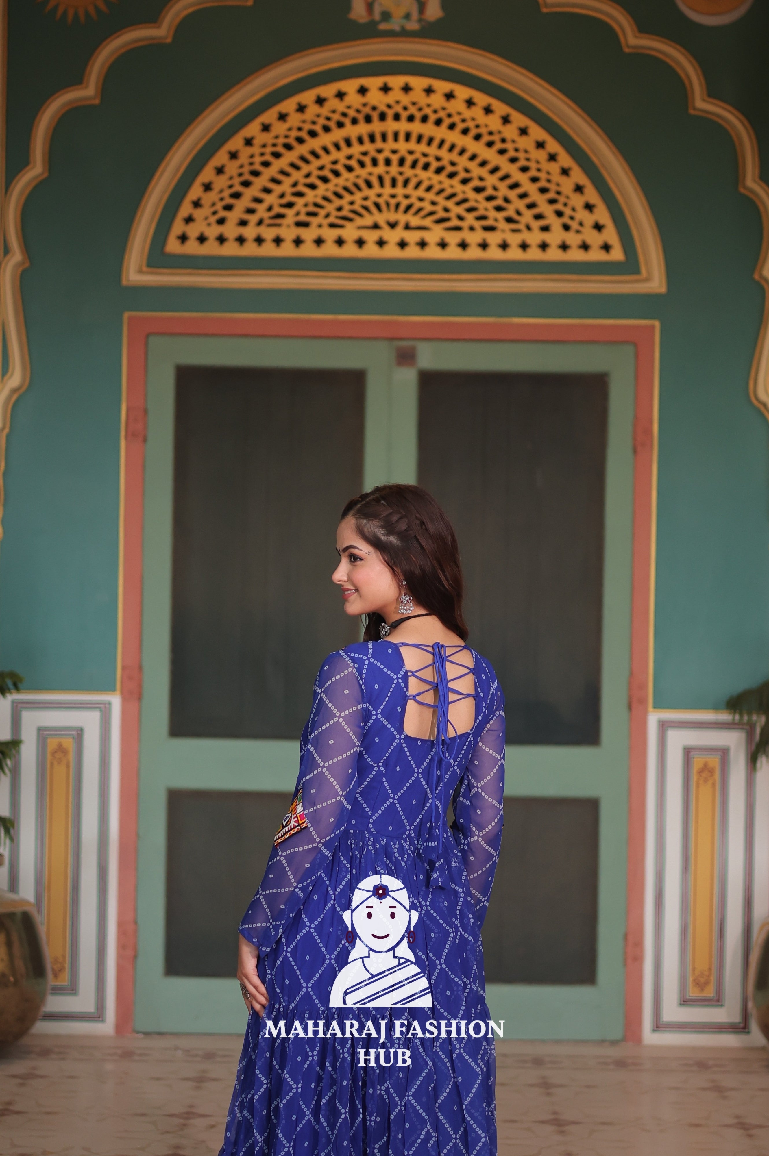 Bandhani Print Faux Georgette Gown with Kutchi Patchwork Detailing