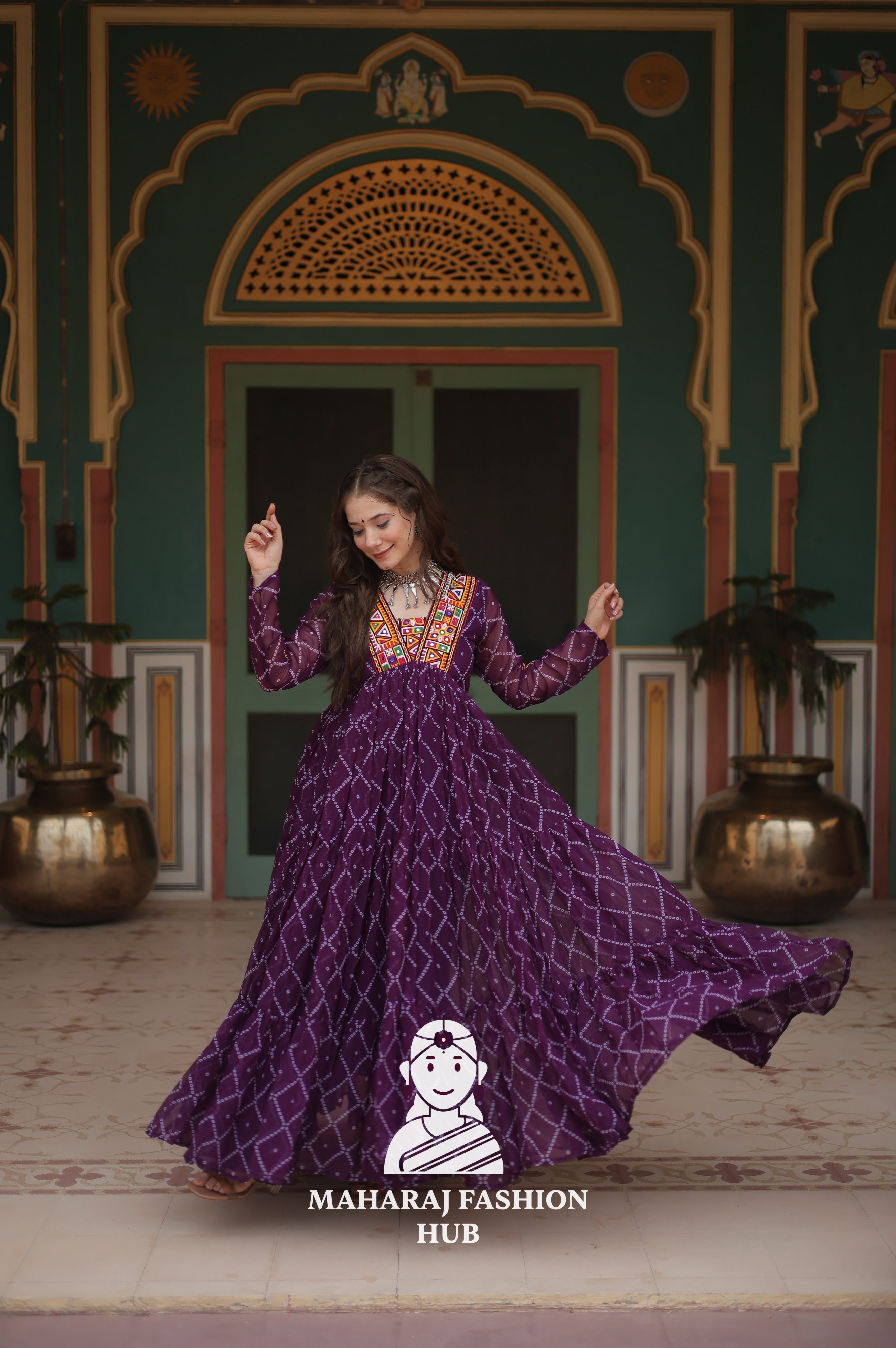 Faux Georgette Gown with Kutchi Patch and Bandhani Artistry