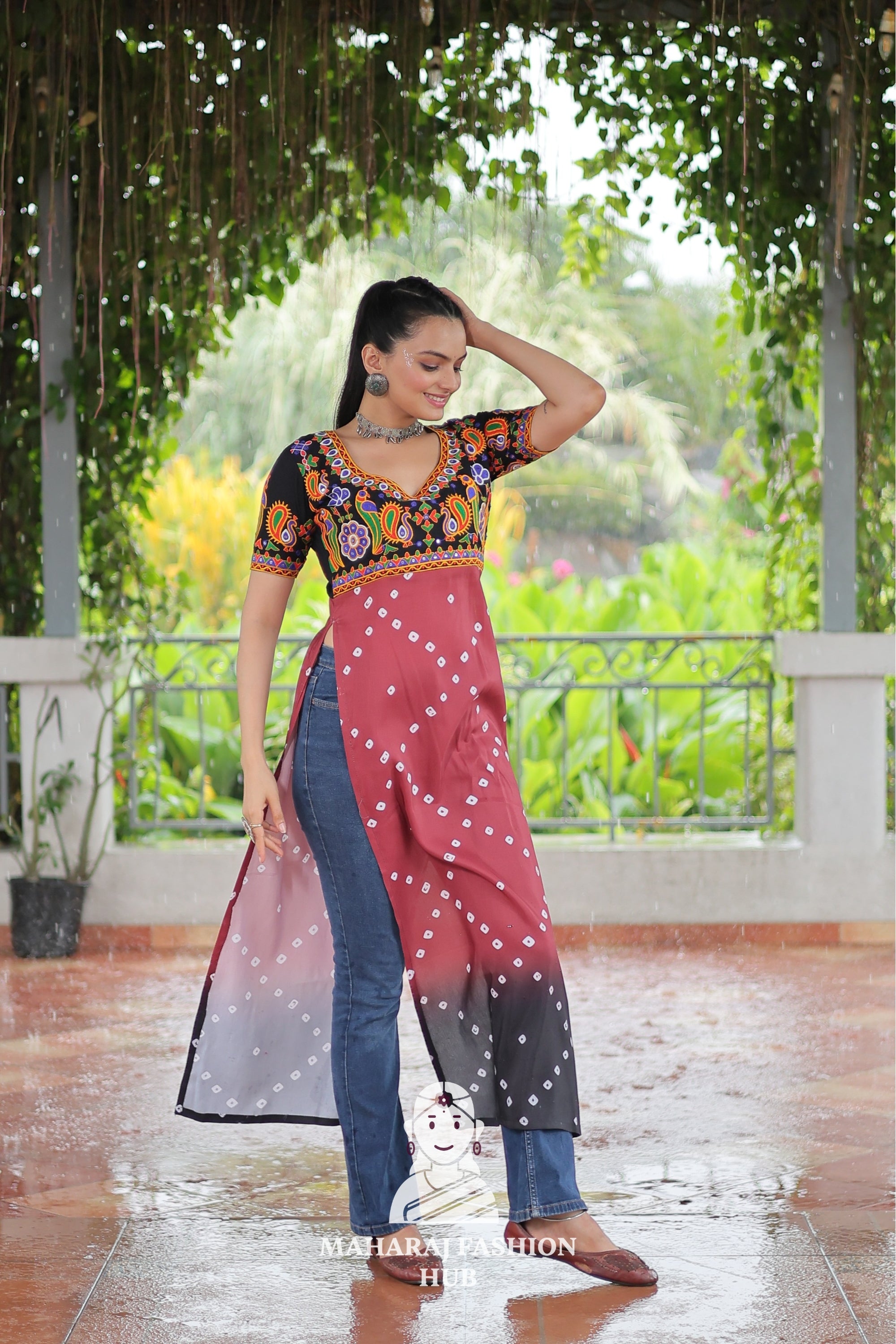 Premium Faux Georgette Bandhani Kutchi Patchwork Kurti for Festive Style 🌸🪔