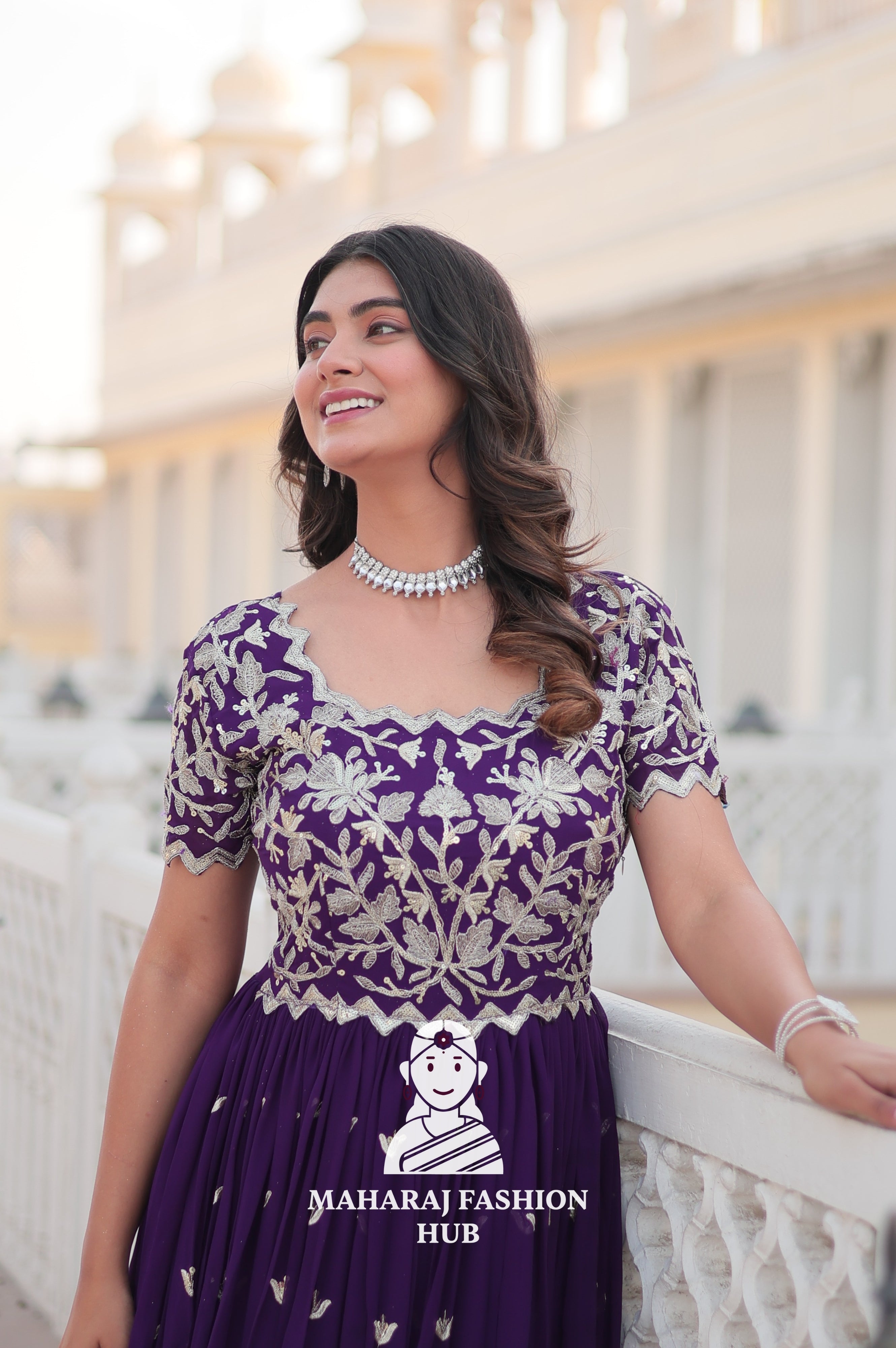 Faux Blooming Special Designer Gown with Cut-Work Sleeves & Canvas Stitching