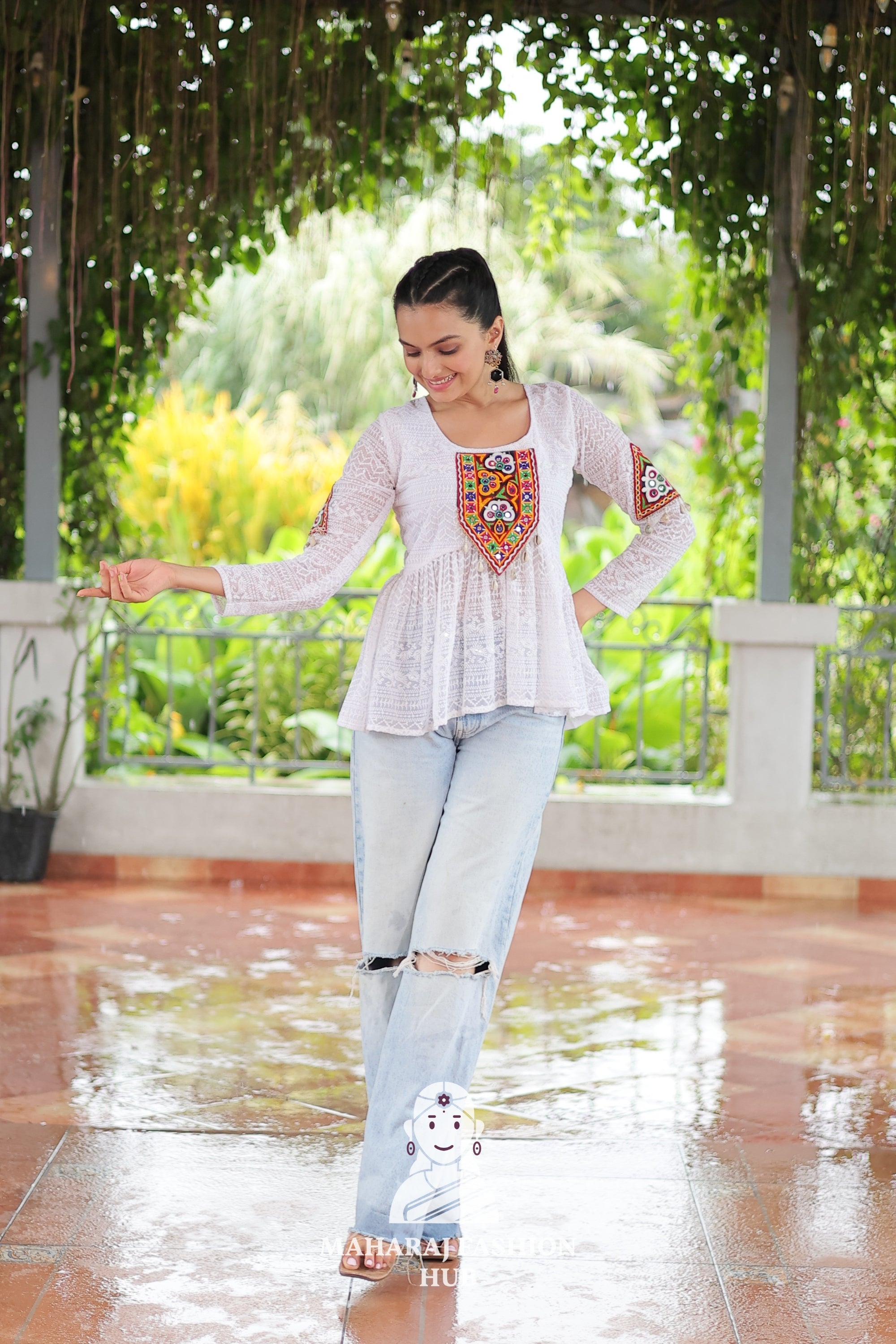 Celebrate Traditions – Stylish Schiffli Kutchi Patchwork Peplum Top 💫🎶