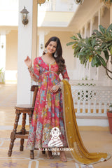 Digital Printed Russian Silk Gown with Zari & Sequins Embroidery