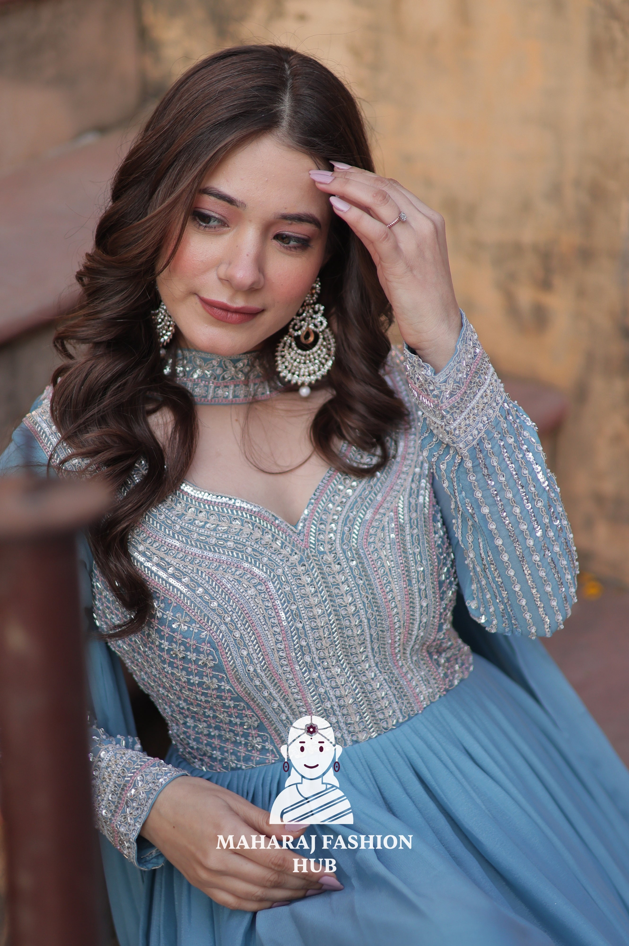 💫 Designer Gown in Star Georgette with Pan Neck & Full Embroidery - Special Designer Gown