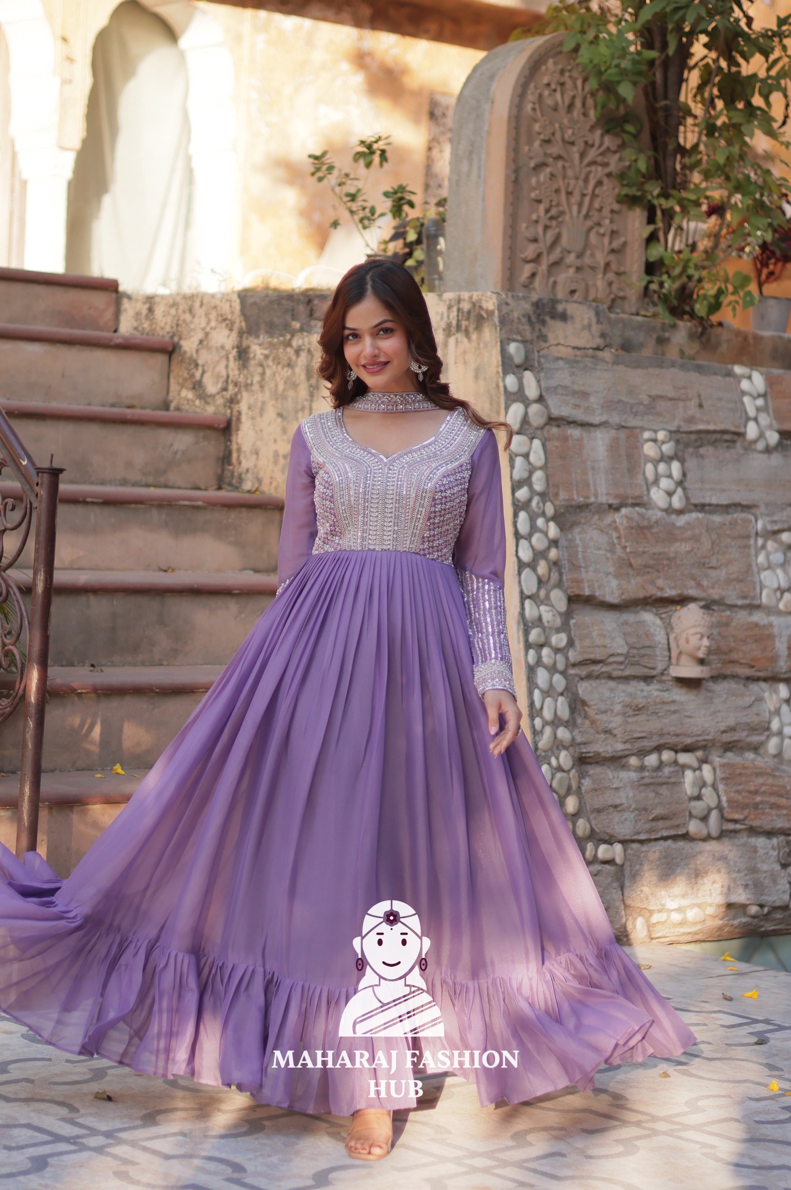 🧵 Star Georgette Gown with Heavy Work & 5 M Flair Grandeur - Special Designer Gown