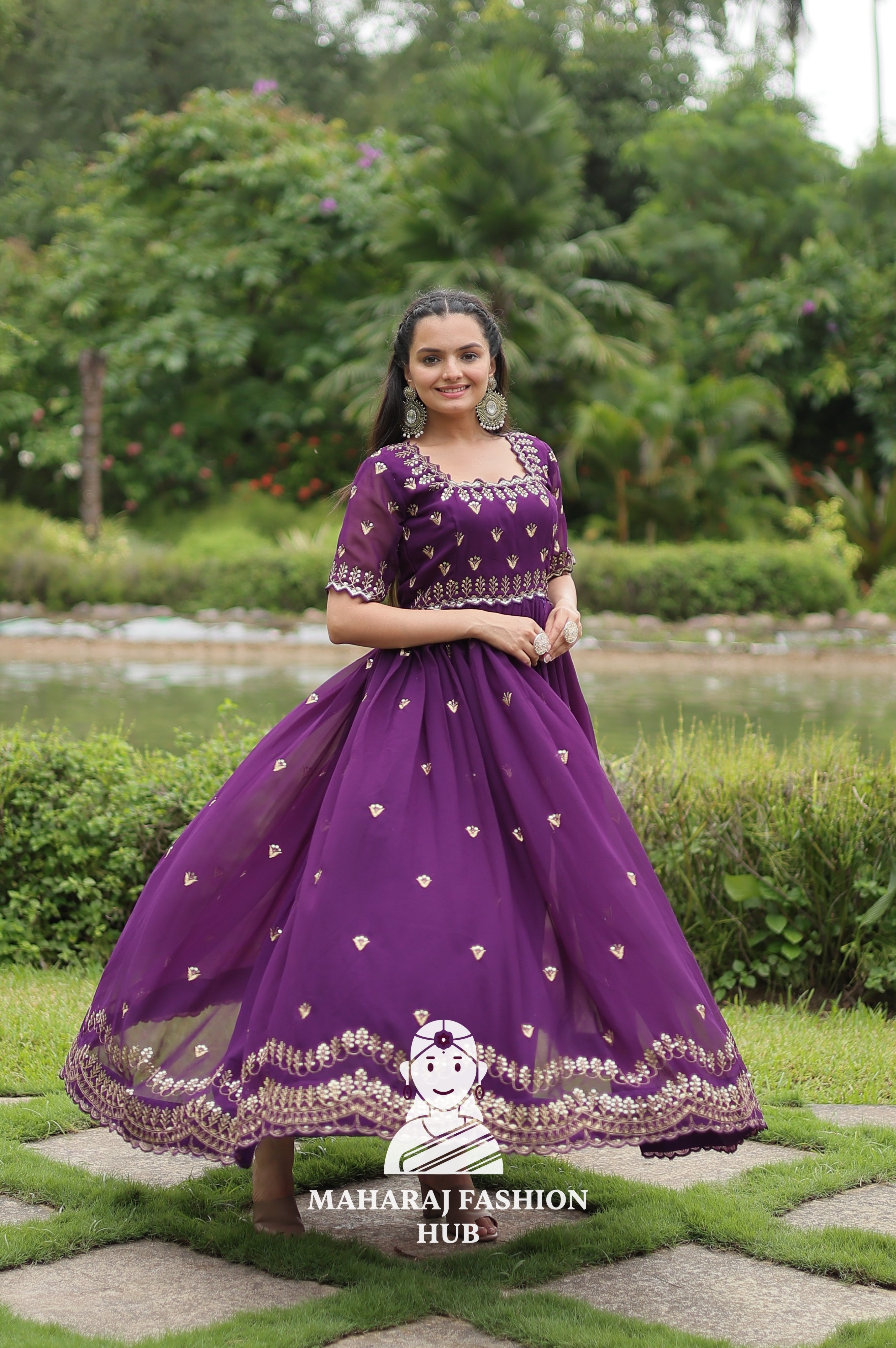 Designer Faux Blooming Fabric Gown with Modern Square Neck