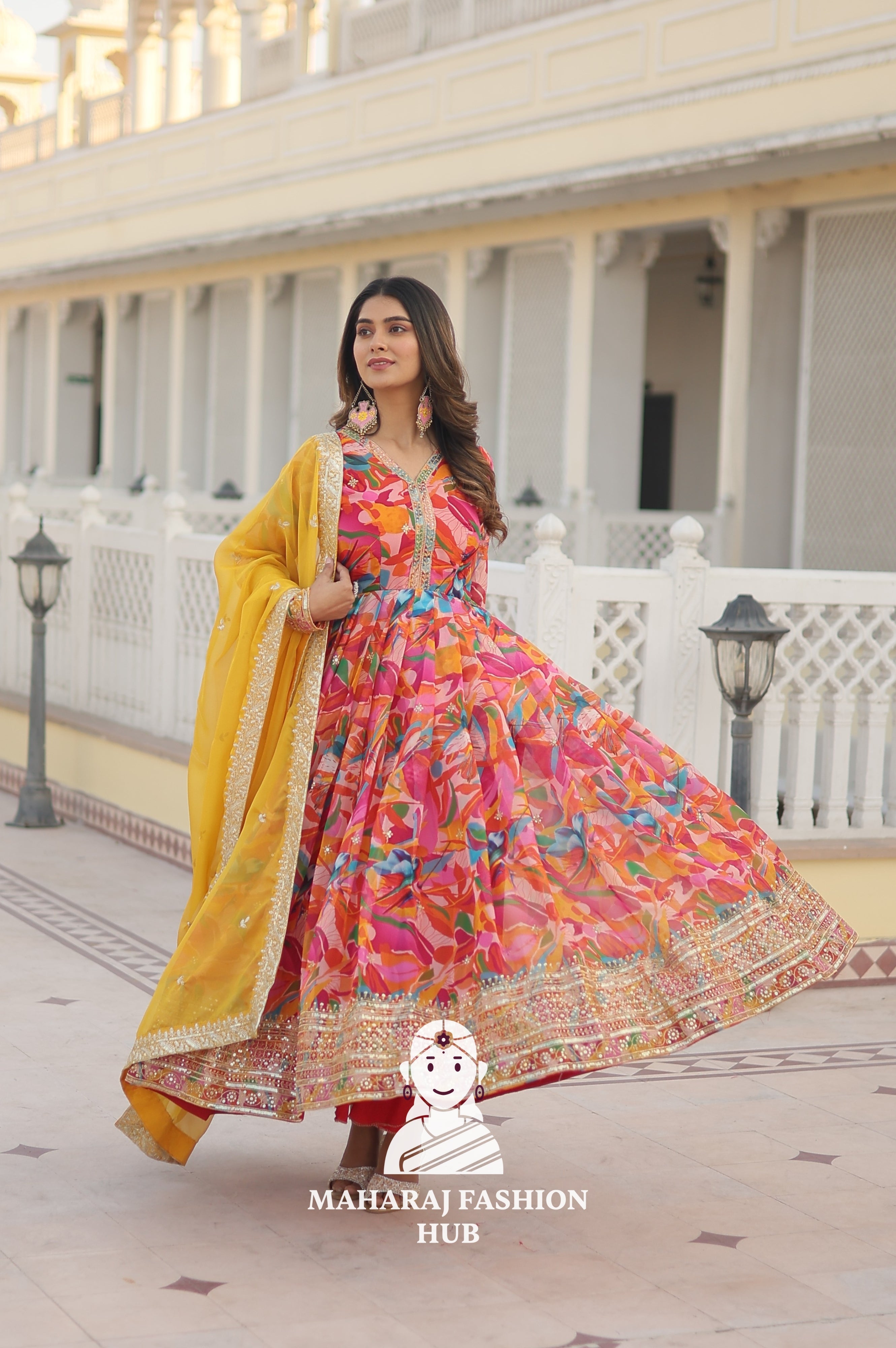 Zari & Sequins Russian Silk Gown with 3.5M Flair and Dupatta