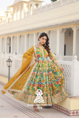 Embroidered Russian Silk Gown Set with Fancy V Neck - Special Designer Gown