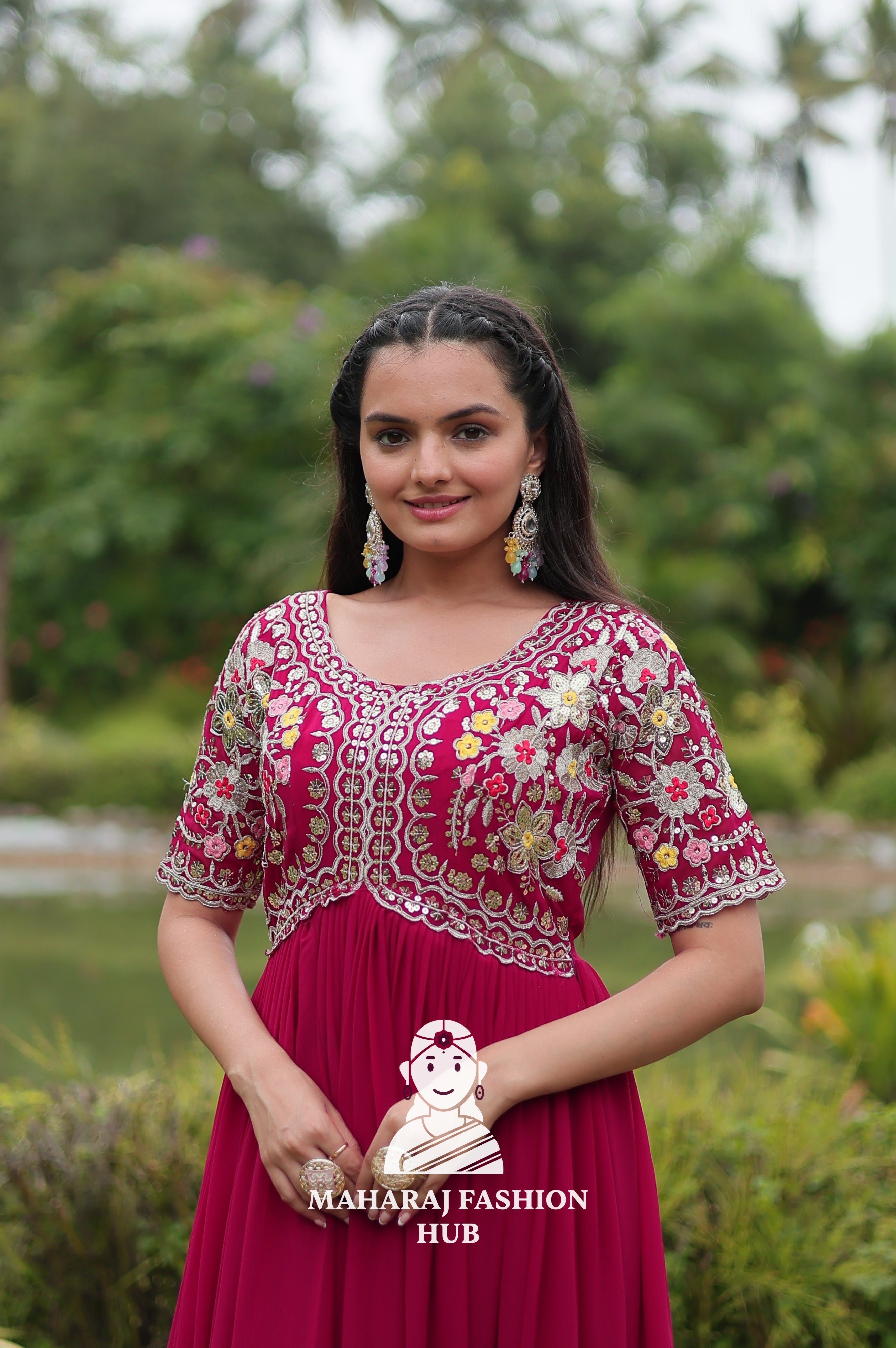 Half Sleeve Faux Blooming Fabric Gown with Luxe Finish