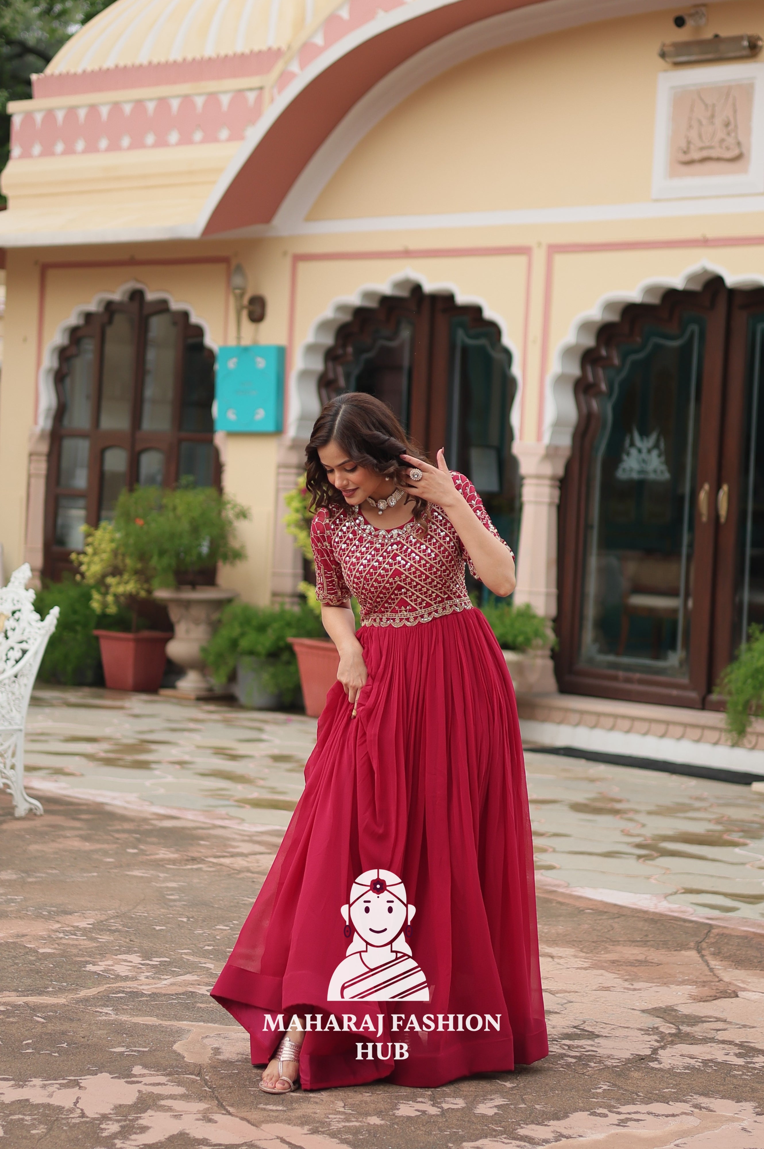 Beautiful Embroidered Faux Blooming Gown with Cotton Lining