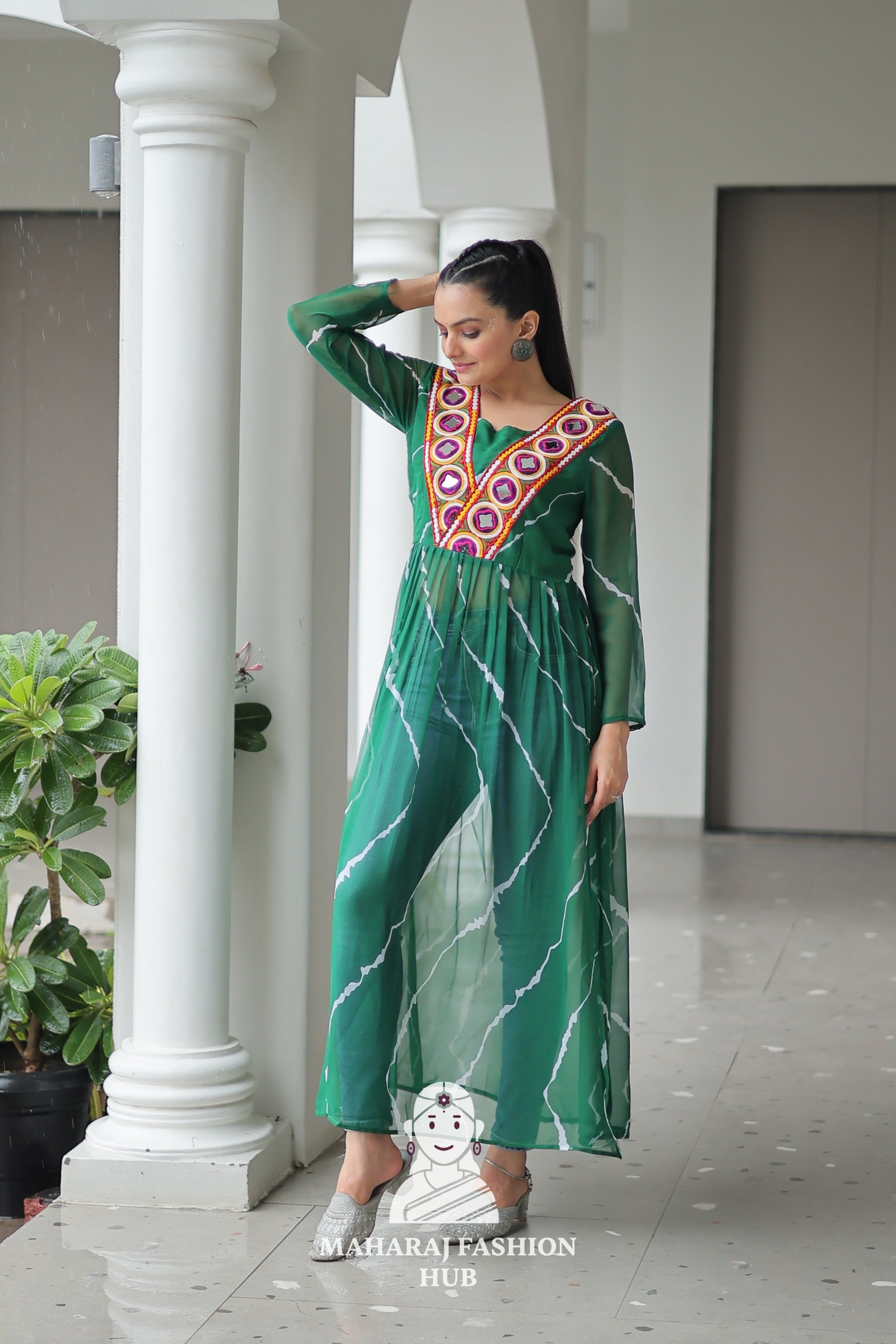 Traditional Faux Georgette Leheriya Patchwork Festive Navratri Kurti 💫🪔