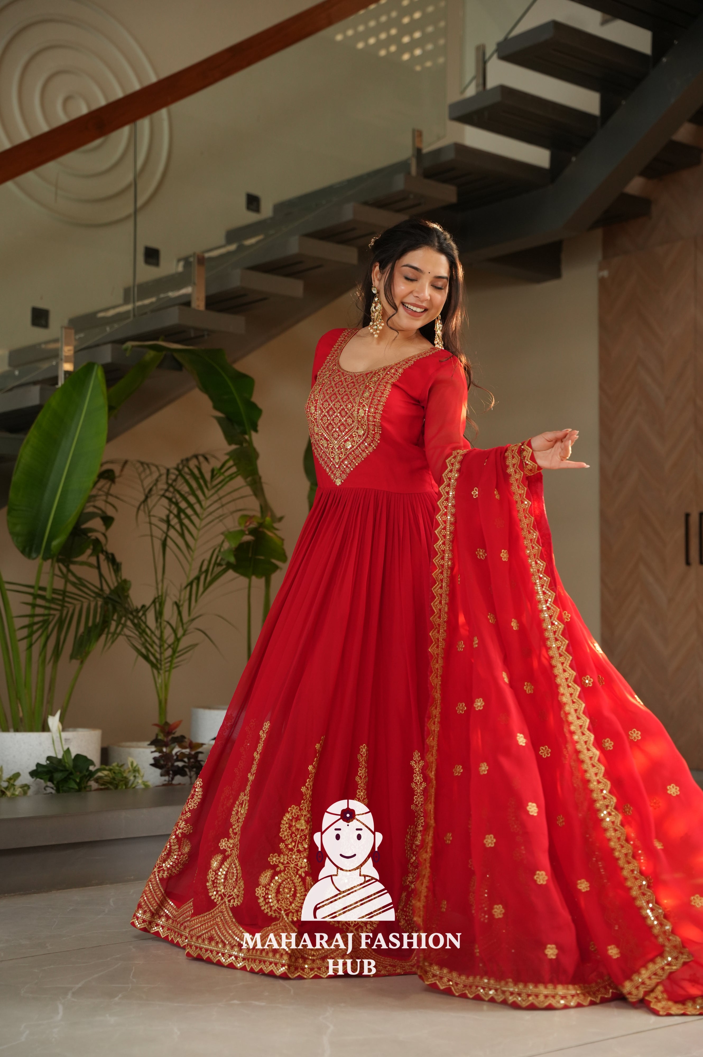 🌸 Classic Round Neck Ethnic Gown with Sequins Embroidery - Special Designer Gown