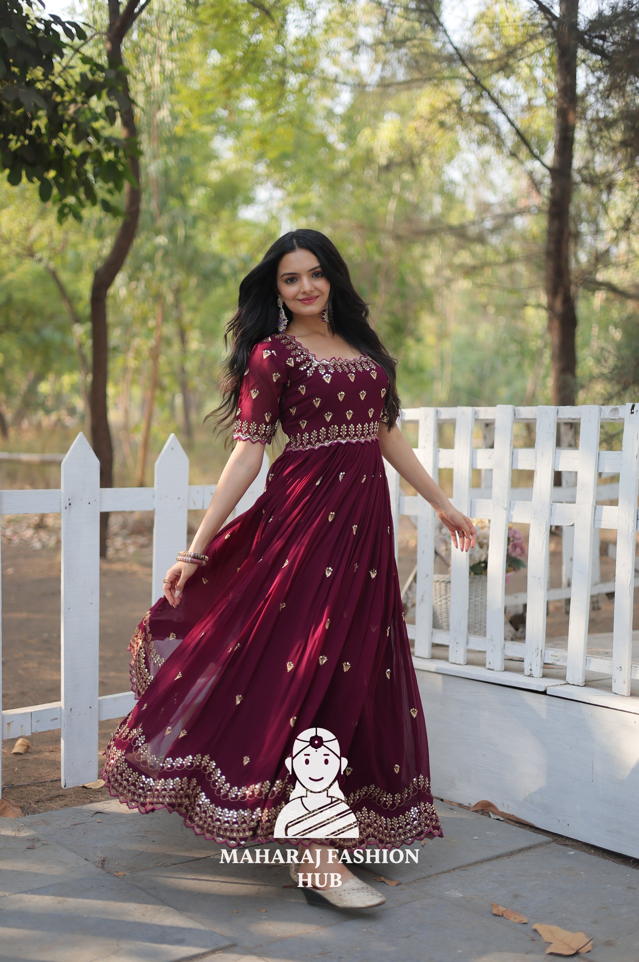 Elegant Faux Blooming Fabric Gown with Cut Work Sleeves