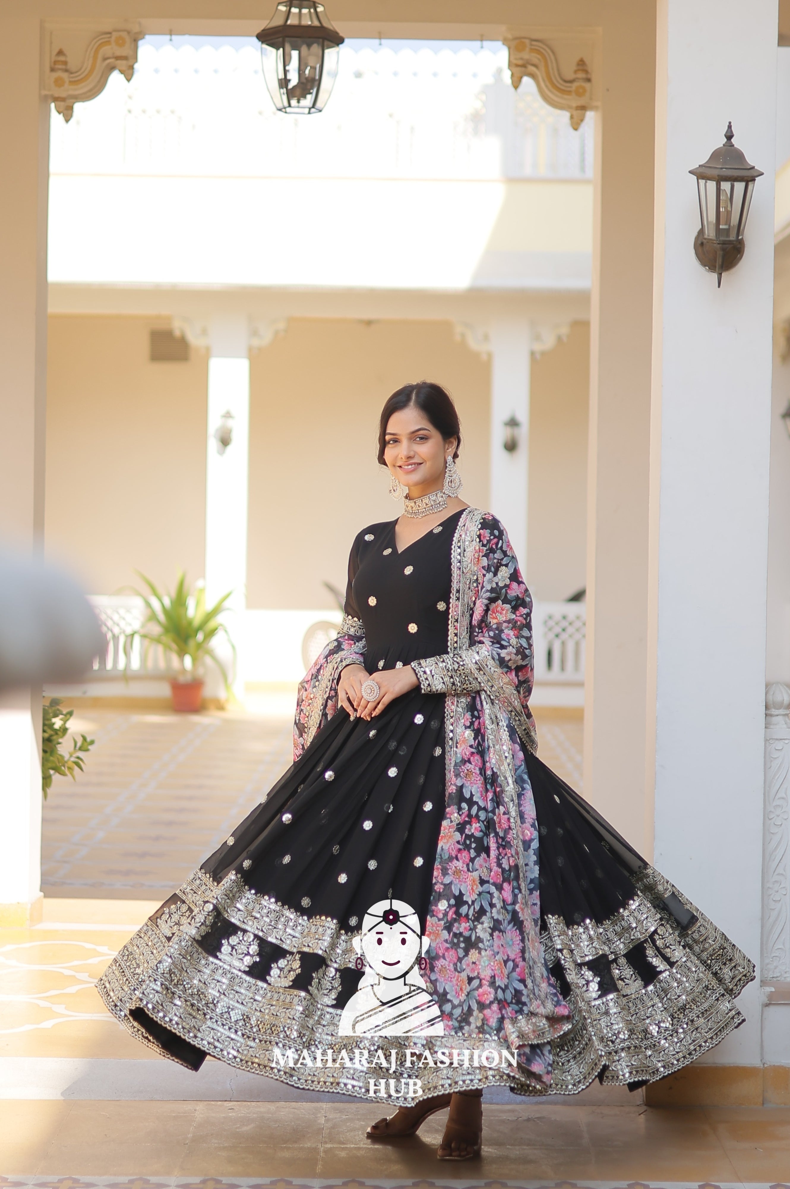 Partywear Faux Georgette Gown with Tabby Silk Cutwork Dupatta