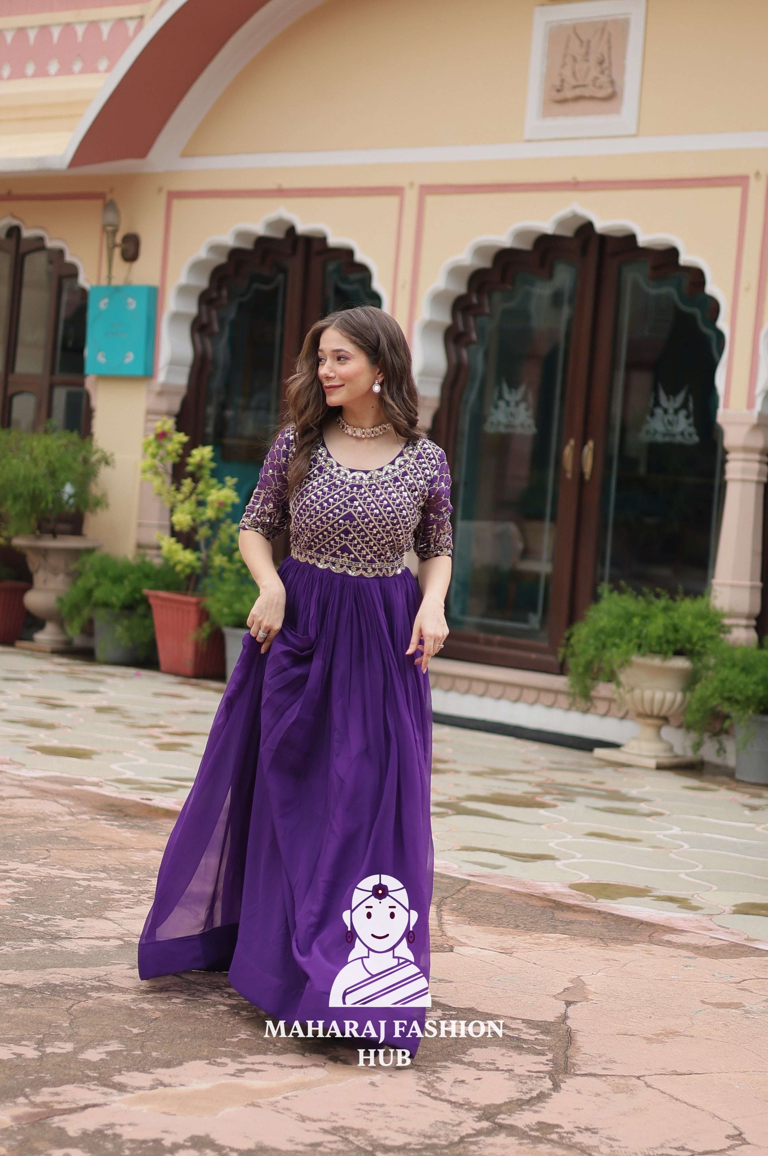 Designer Faux Blooming Gown with Zari Sequins Detailing
