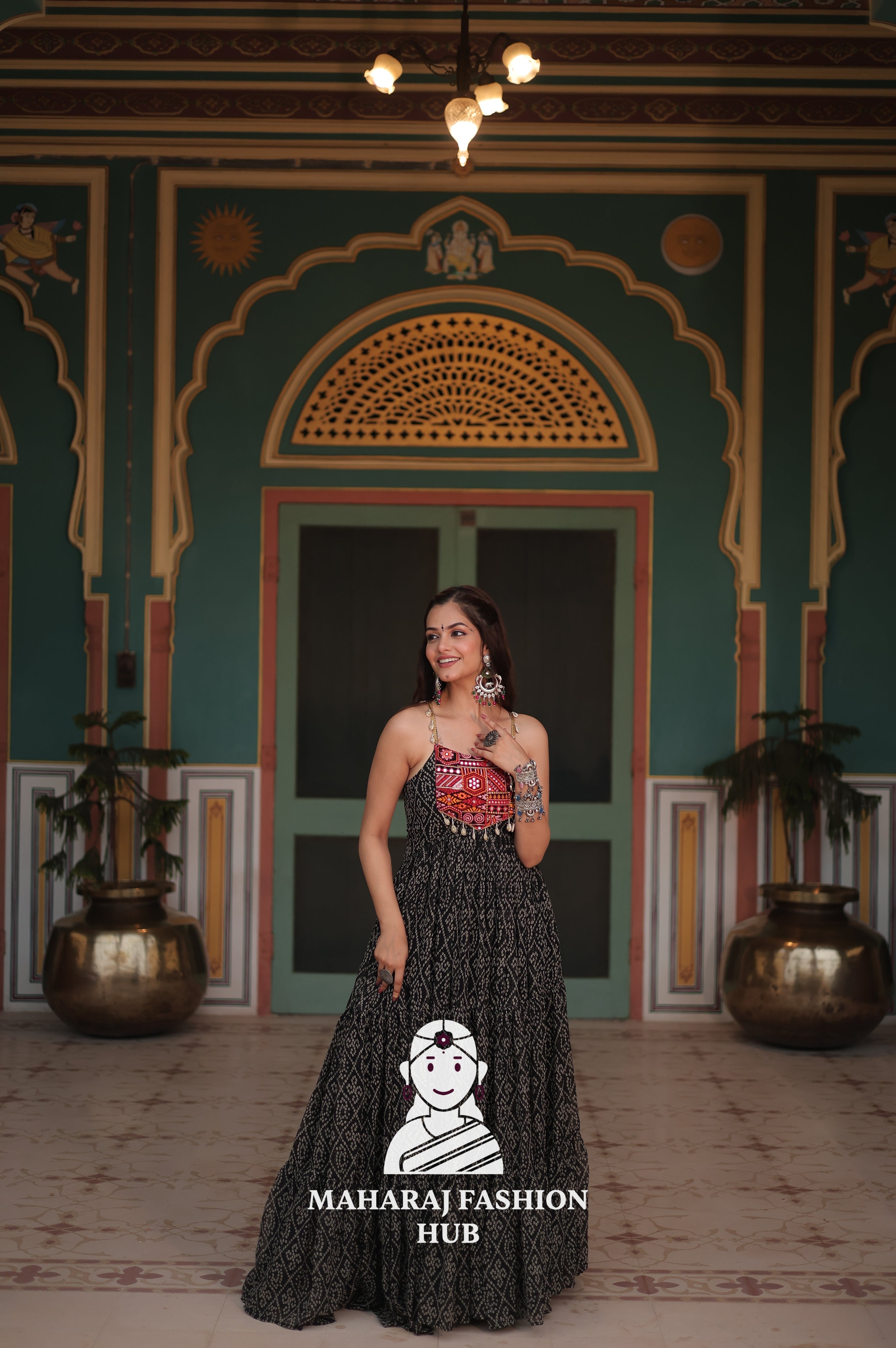 Elegant Bandhani Faux Georgette Gown Featuring Sleeveless Style