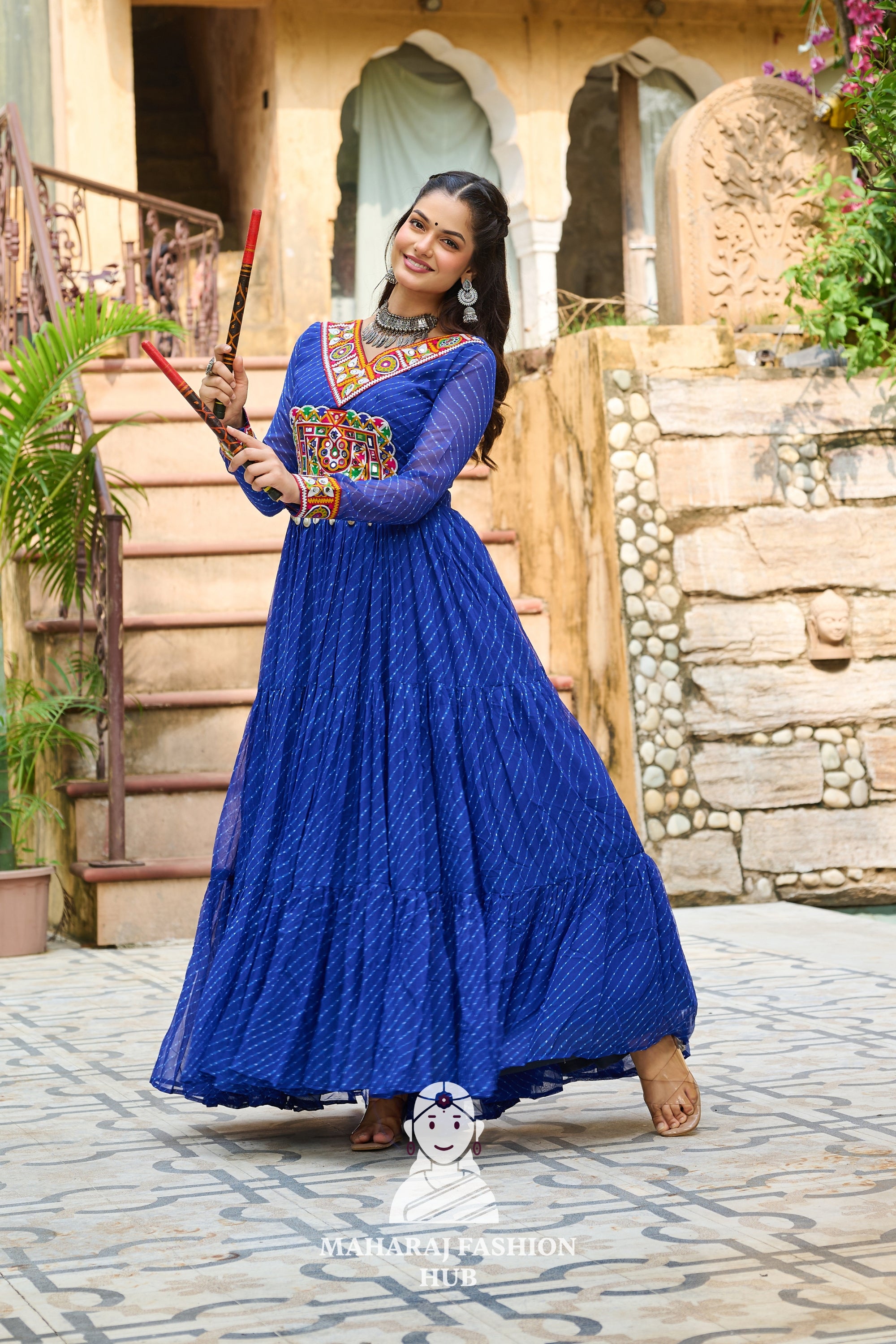 Navratri - Premium Faux Georgette Kutchi Patchwork Laheriya Navratri Gown Style 🎨🪔