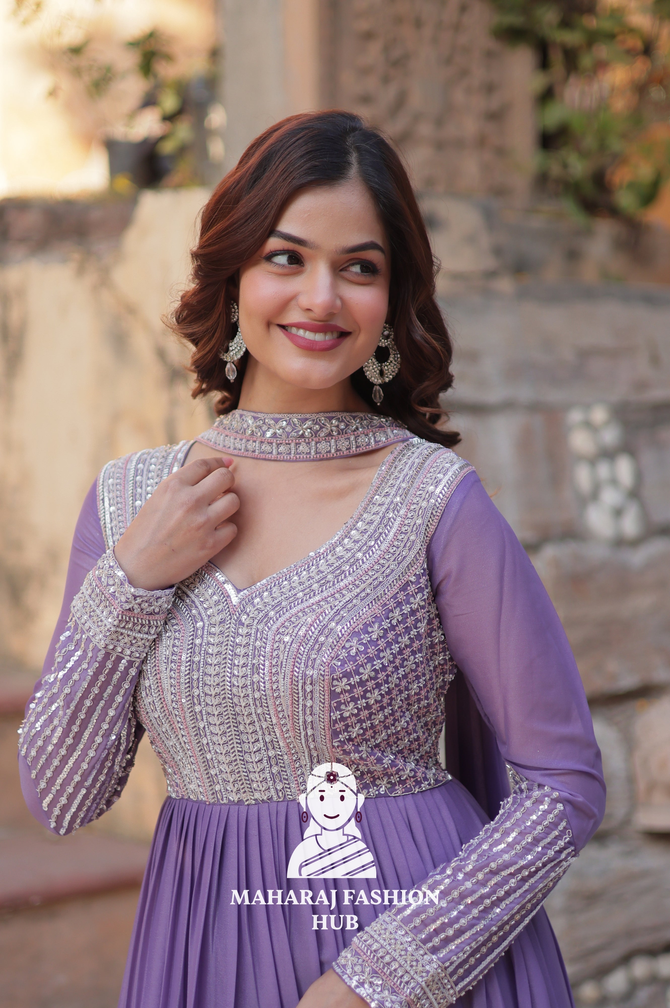 🧵 Star Georgette Gown with Heavy Work & 5 M Flair Grandeur - Special Designer Gown