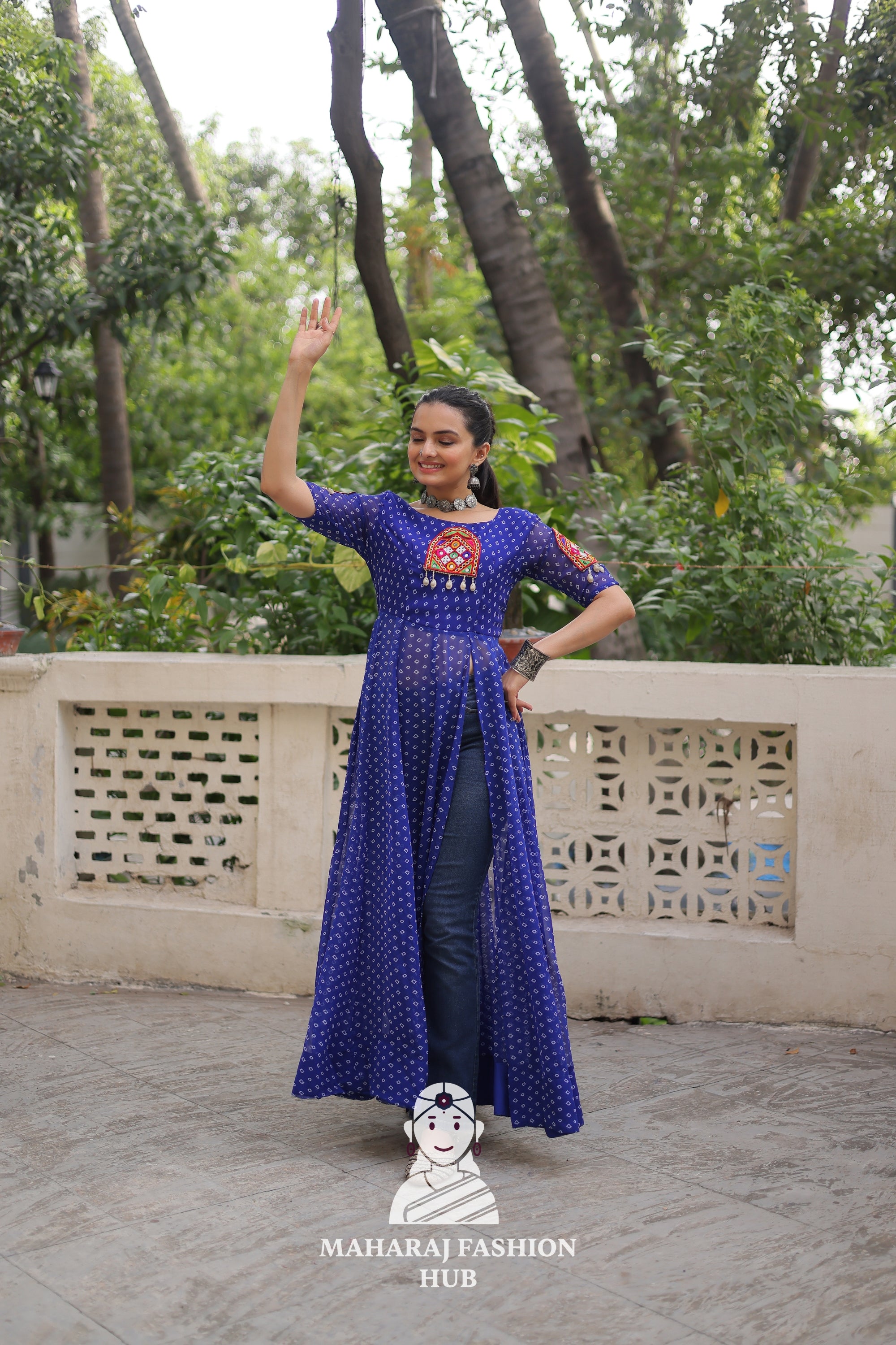 Navratri - Elegant Bandhani Print Kutchi Patchwork Faux Georgette Navratri Kurti ✨👗